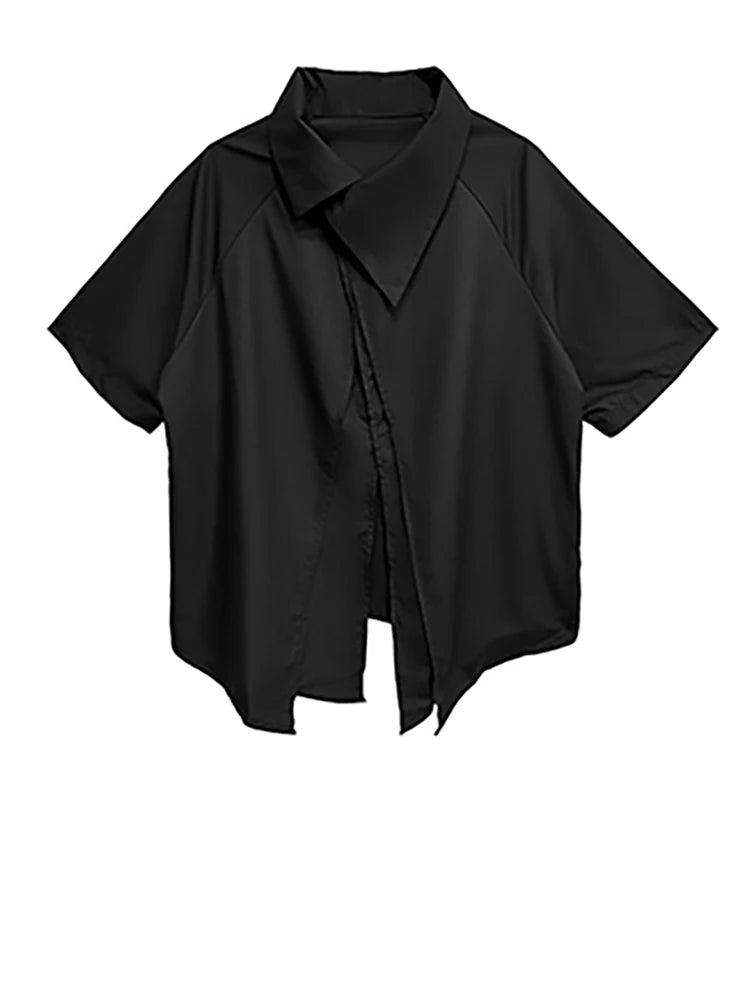 Oversized Black Asymmetrical Mesh Pantsuit Set - Fashionable Lapel Short Sleeve Two Piece Outfit for Women | Spring Summer 2025 Trendy Streetwear | Perfect for Casual Wear, Night Out & Fashion Events