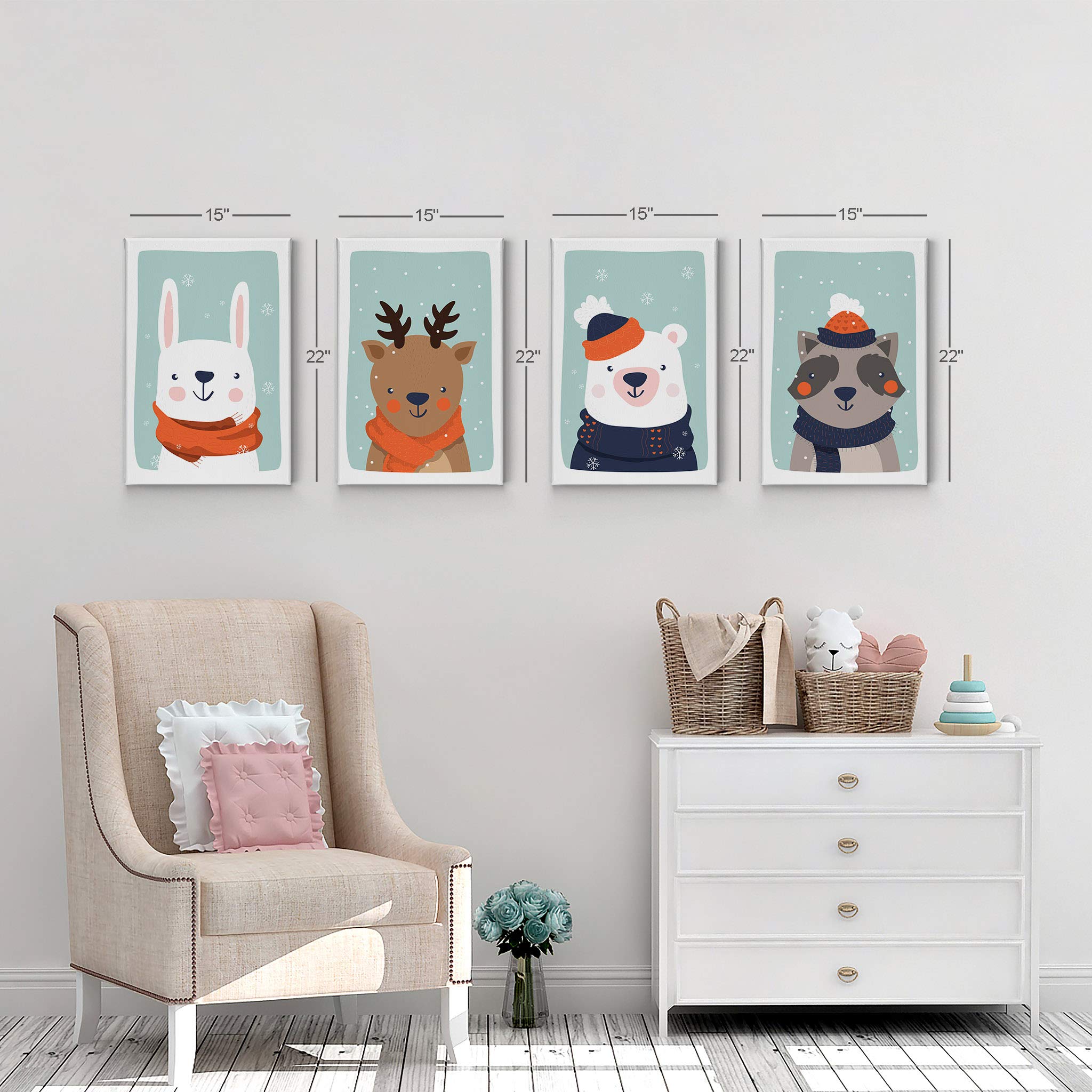 4-Piece Cute Animal Canvas Wall Art Set - Rabbit Deer Bear Raccoon Winter Theme Turquoise Background Kids Room Decor (36x24 inches) | Nursery, Playroom, Bedroom Wall Hanging Art | Made in USA