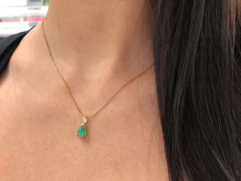 0.83tcw Cabochon Emerald Pear & Diamond Accent Pendant in 14K Gold - Elegant Jewelry Gift for Women, Perfect for Weddings, Anniversaries & Special Occasions