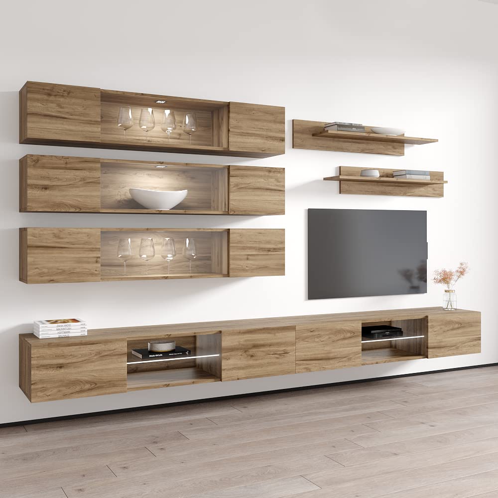 Modern Floating TV Stand with Storage & LED Lights - Wall-Mounted Entertainment Center for Bedroom & Living Room - Oak Wood TV Console with Shelves - Perfect for Small Spaces & Home Theater Setup