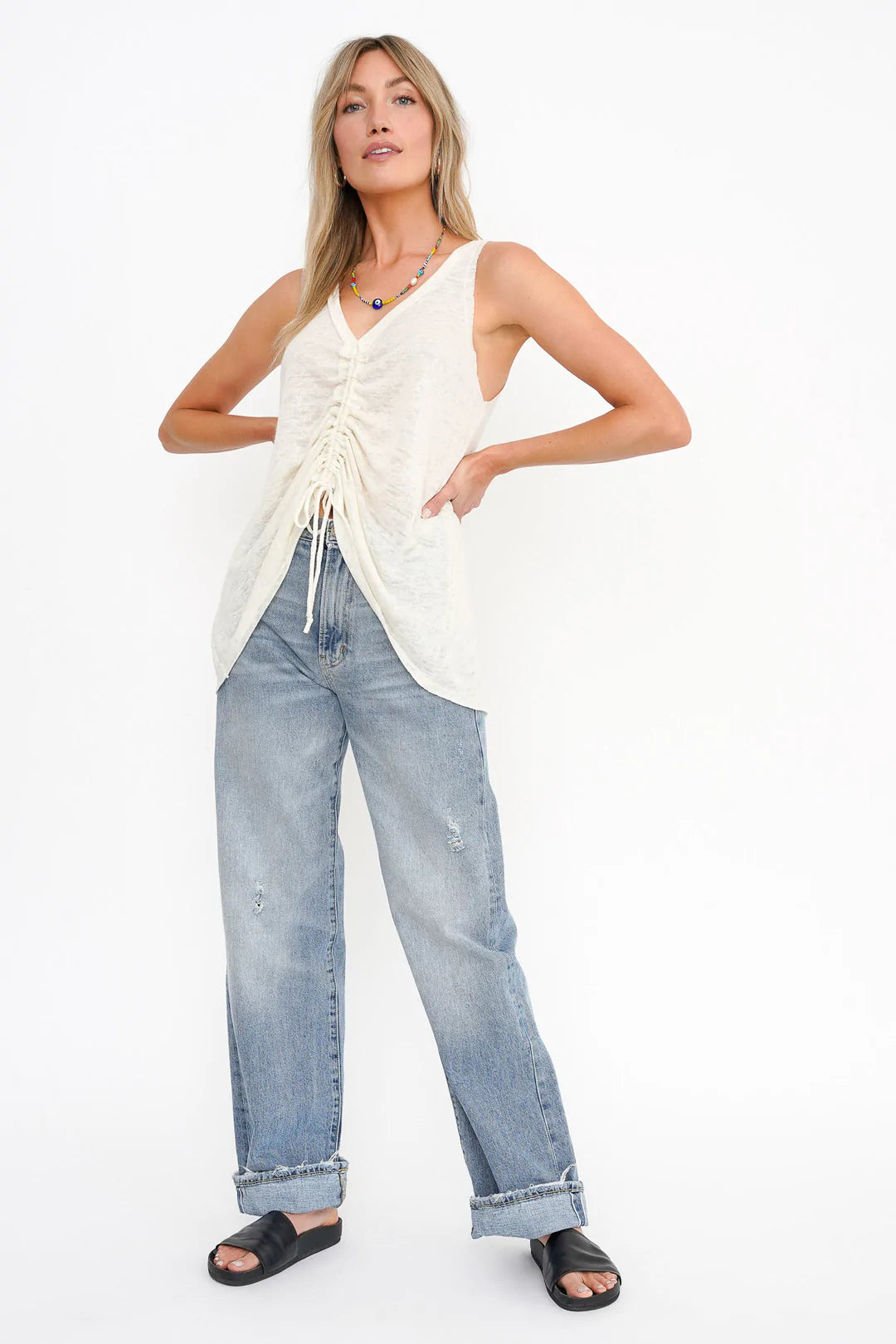 Cassie Ruched Tank Top for Women - Elegant Egret Color, Stretchy & Comfortable - Perfect for Casual Wear, Layering & Summer Outfits