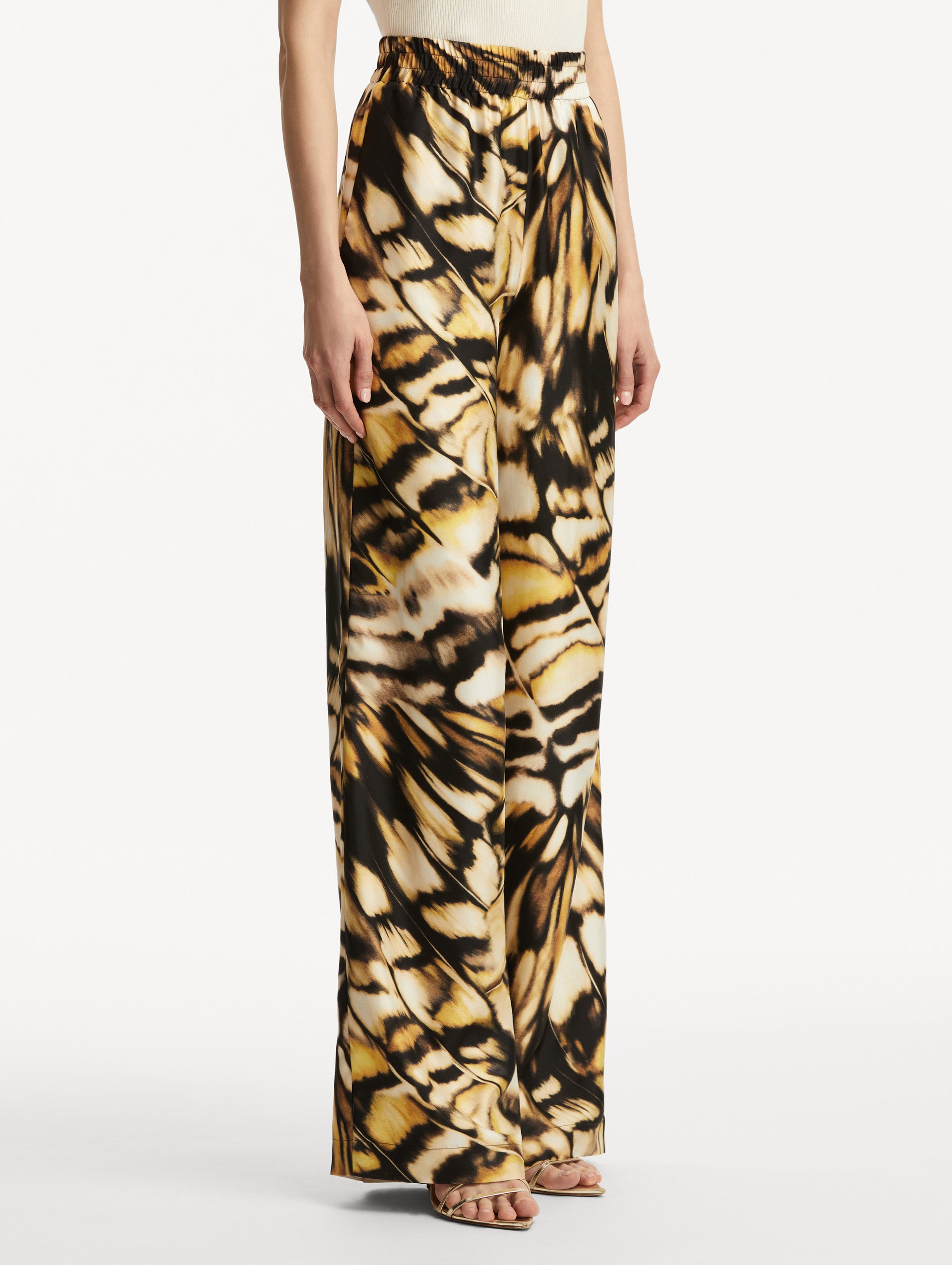 Abstract Butterfly Print Silk Twill Pants - Elegant Women's Lounge Pants for Home, Yoga & Casual Wear