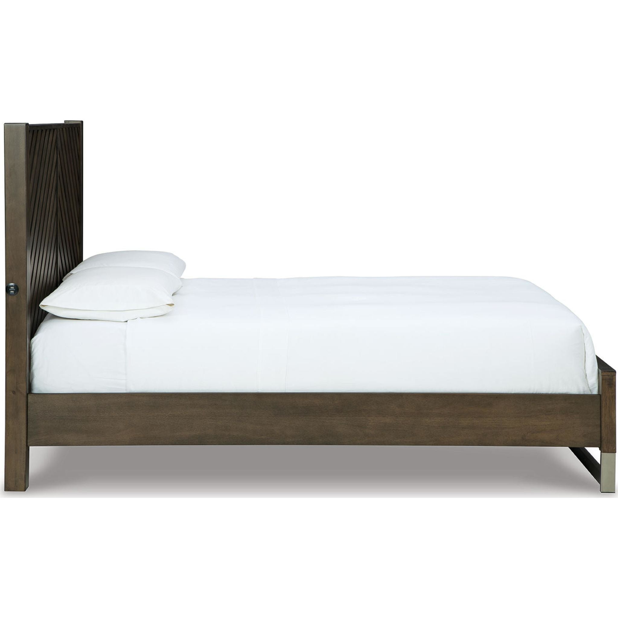 Arkenton Queen Panel Bed Frame - Grayish Brown Upholstered Headboard, Sturdy Wooden Slat Support for Bedroom, Guest Room, or Master Suite