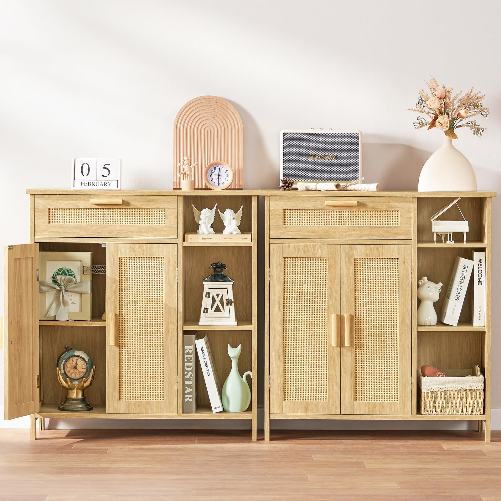 Rattan Storage Cabinet with Drawer & Adjustable Shelves - Natural Weave Sideboard Buffet for Living Room, Entryway, Dining Room - Perfect for Home Organization and Stylish Storage Solutions