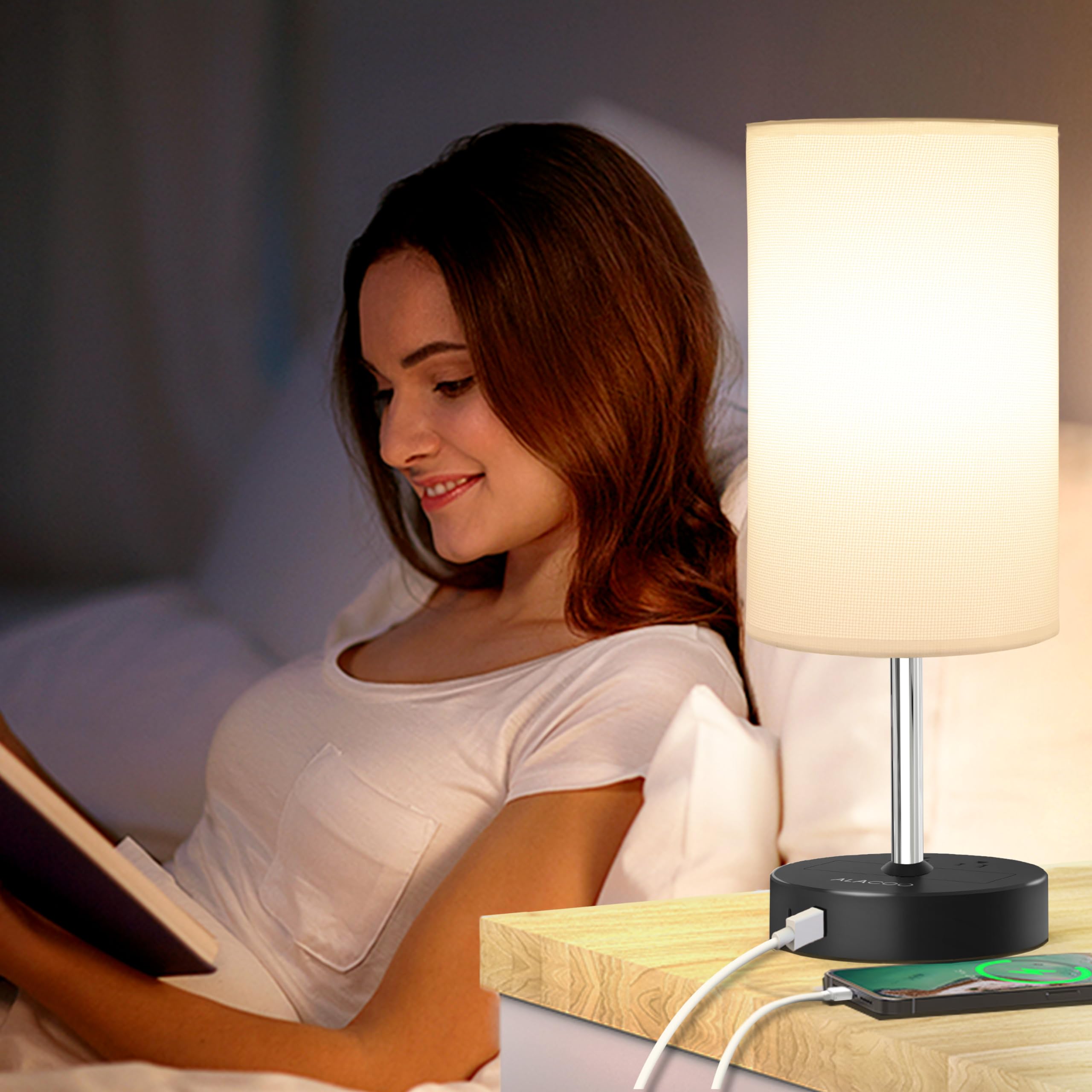 Modern Touch Control Bedside Table Lamp with USB-C & USB-A Charging Ports, 3-Way Dimmable Nightstand Light with AC Outlet (1000W) - Perfect for Bedroom, Kids Room & Office Workspace (Includes E26 LED Bulb) - Ideal for Reading, Working & Nighttime Charging Needs