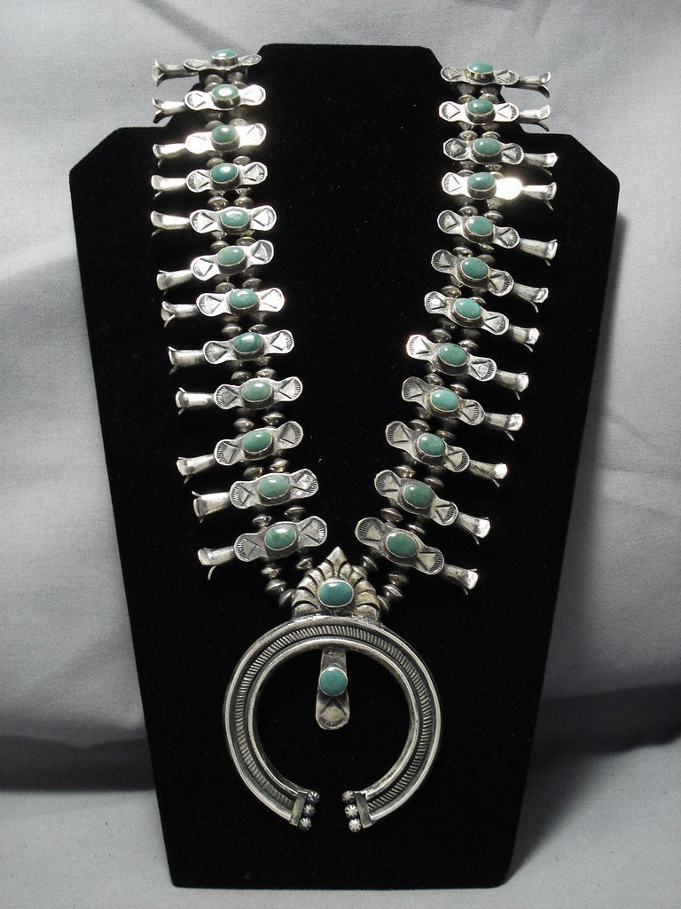 Vintage 1940s Navajo Sterling Silver Squash Blossom Necklace with Green Turquoise - Authentic Native American Jewelry for Women, Boho Fashion Accessory, Wedding Gift & Southwest Style Statement