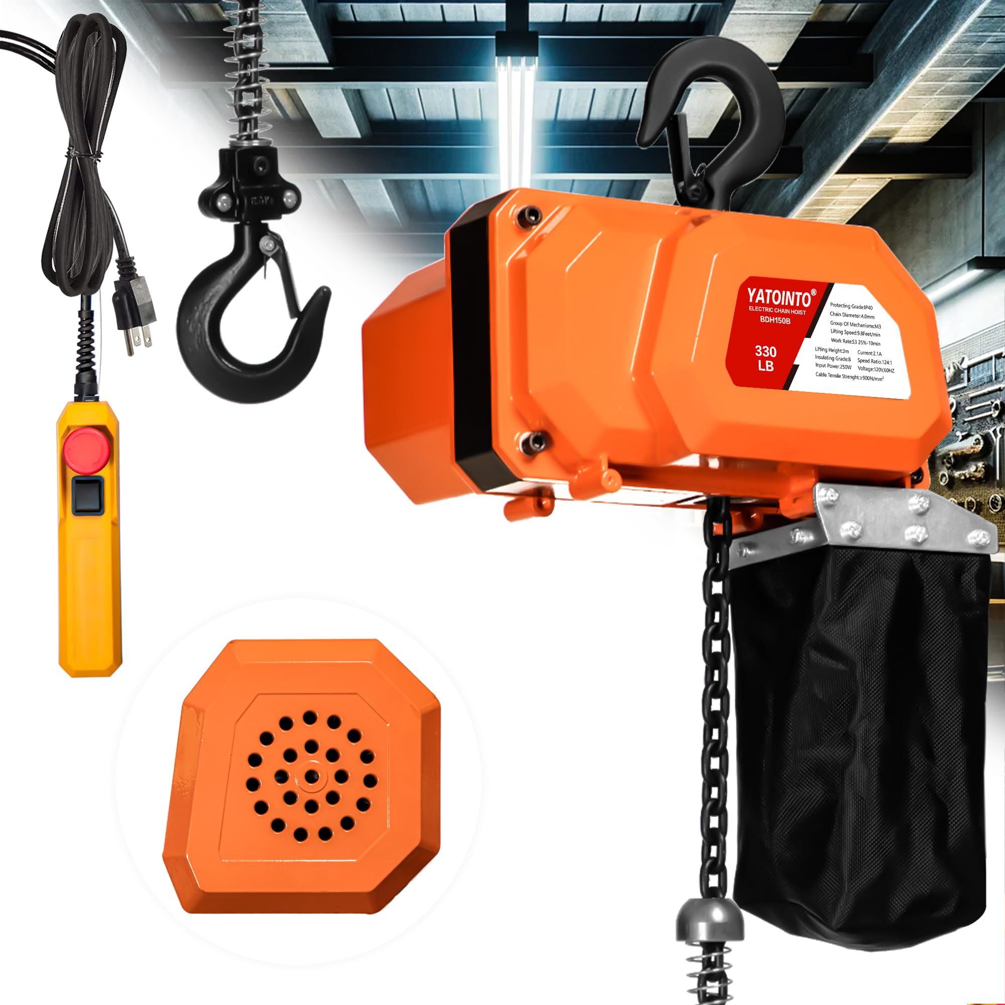 330LBS Electric Chain Hoist - 120V Overhead Crane Winch with 5ft Wired Remote Control & Emergency Stop Switch - Single Phase Garage Ceiling Pulley System (9.8ft Lift Height) - Perfect for Home Workshops, Construction Sites, and Heavy Lifting Tasks