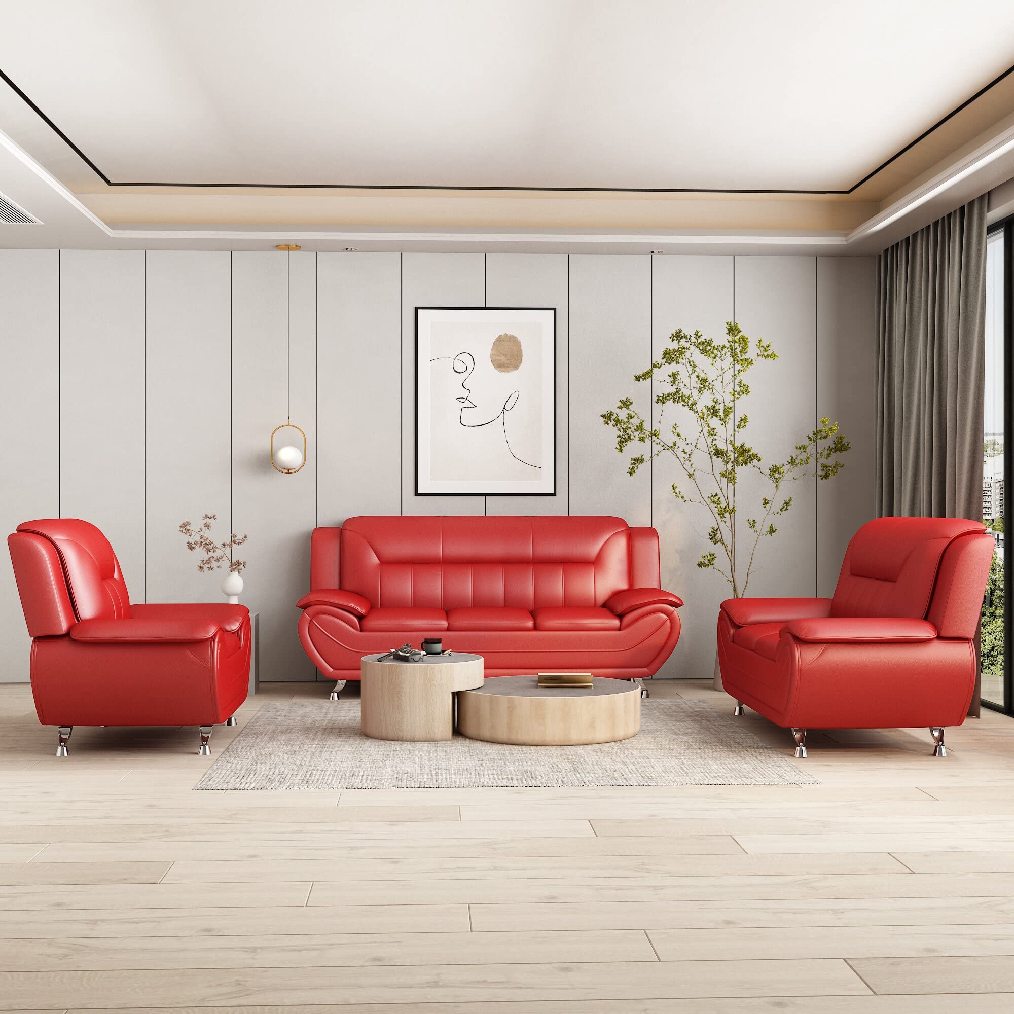 Michael Modern Faux Leather Upholstered Stainless Steel Legs Living Room Chair, Loveseat & Sofa Set in White Dove - Perfect for Contemporary Living Rooms, Offices and Lounge Areas