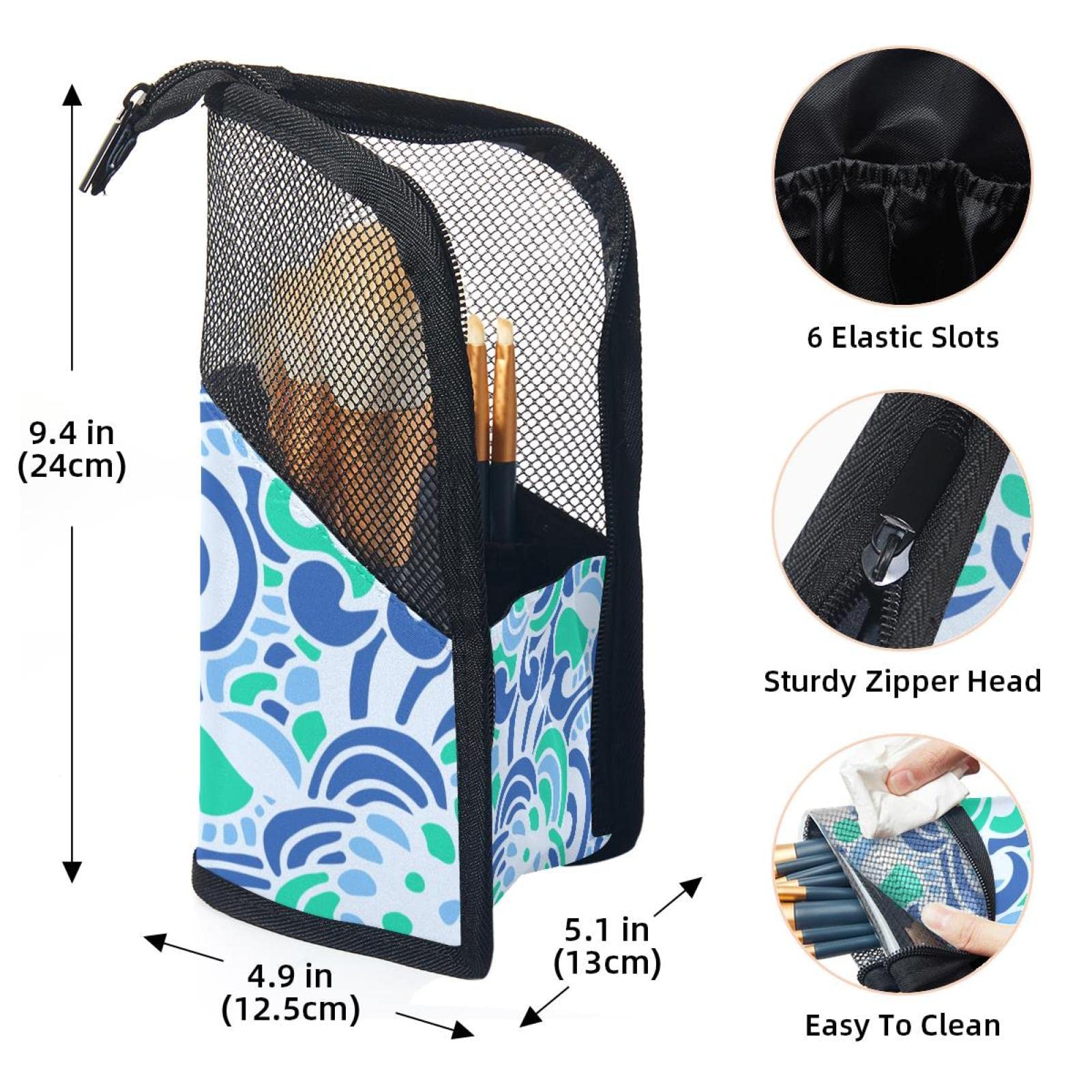 12-Piece Makeup Brush Organizer Bag Set with Floral Doodle Design - Portable Green & Blue Cosmetic Brush Holder for Travel, Home & Professional Use