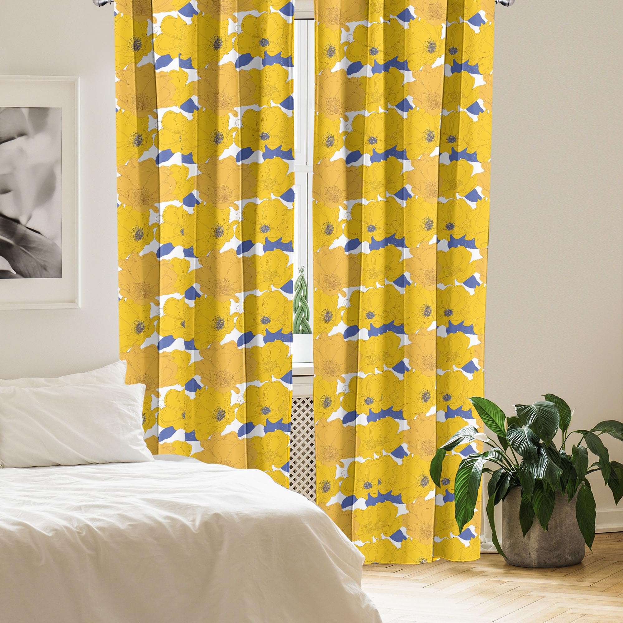 Ambesonne Floral Window Curtains Set of 2 - Hand Painted Blue Abstract Flower Design with Rod Pocket, Lightweight Sheer Panels 56x95 Inches - Perfect for Living Room, Bedroom & Nursery Decor (Orange Yellow)