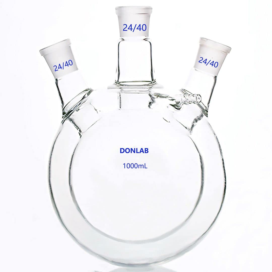 CFJ-1000 1000ml/1L Double Layer Jacketed Glass Reaction Flask with Three 24/40 Ground Glass Joints - Perfect for Chemical Synthesis, Distillation & Laboratory Experiments