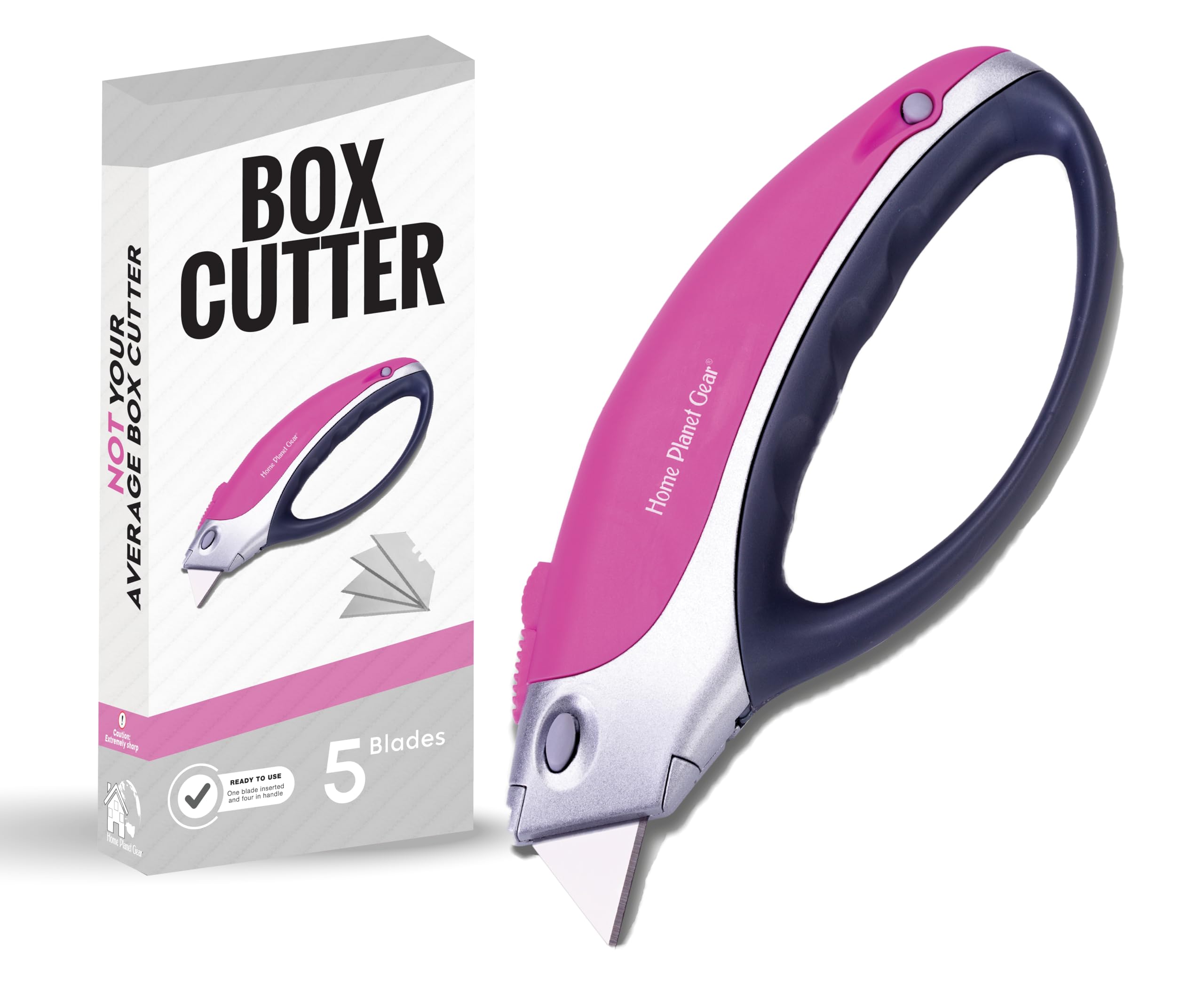Heavy Duty Retractable Utility Knife - Pink Box Cutter with 5 Sharp Blades for Cardboard Cutting, Package Opening, Warehouse & Office Use