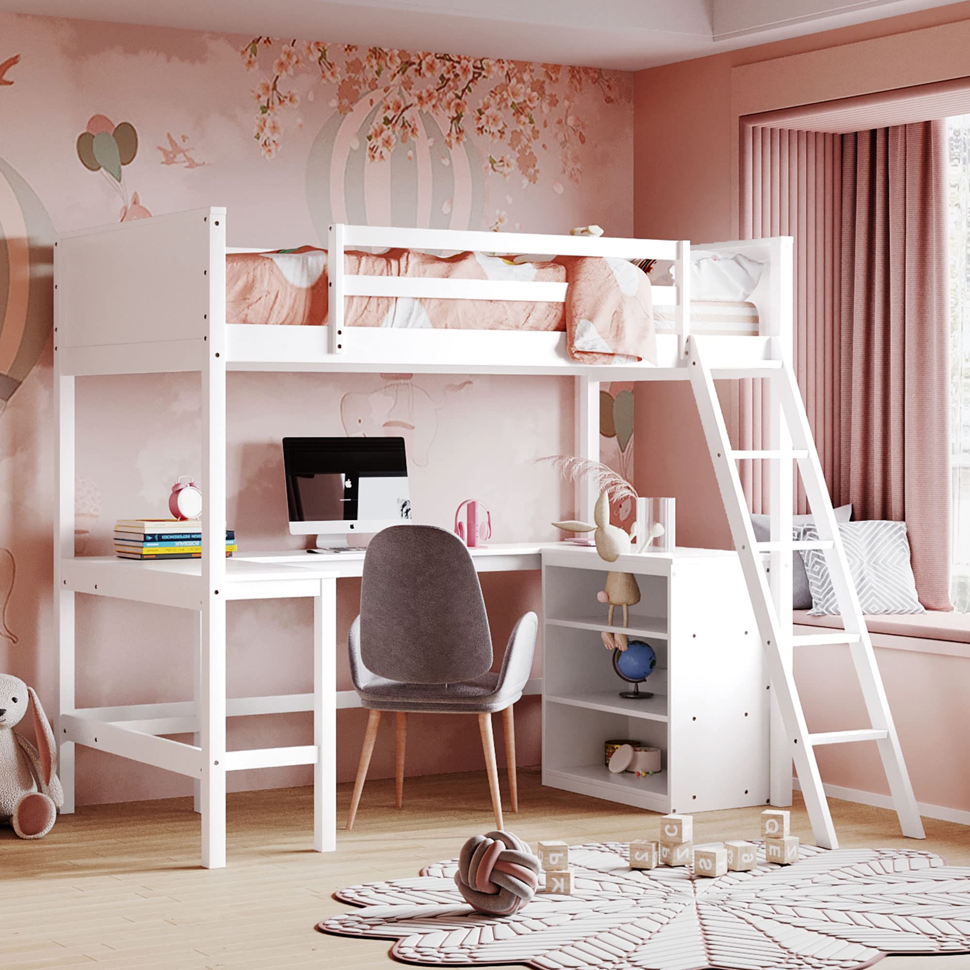 SOFTSEA Twin Loft Bed with Desk & Storage - Sturdy Wooden Bunk Bed Frame with Shelves for Kids, Teens, Boys & Girls - Perfect for Small Rooms, Dorms & Apartments - White Space-Saving Furniture