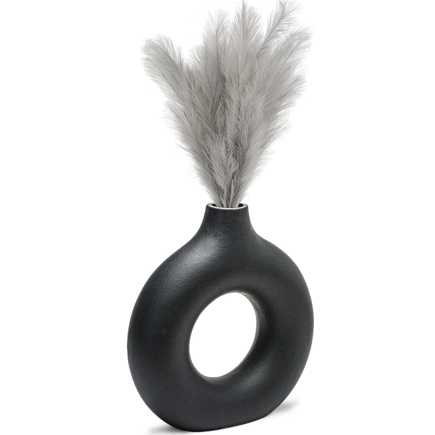 Handmade Black Hollow Ceramic Donut Vase - Minimalist Boho Style Flower Vase for Wedding, Party & Home Decor | Perfect for Dining Table, Living Room, Office & Bedroom