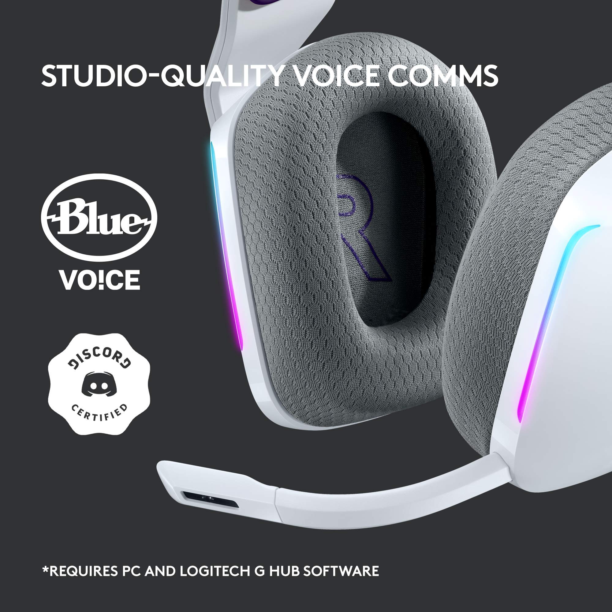Logitech G733 LIGHTSPEED Wireless Gaming Headset with Suspension Headband, LIGHTSYNC RGB, Blue VO!CE Mic Technology & PRO-G Audio Drivers - White | PC, PS5, Xbox Series X|S Compatible for Immersive Gaming & Streaming