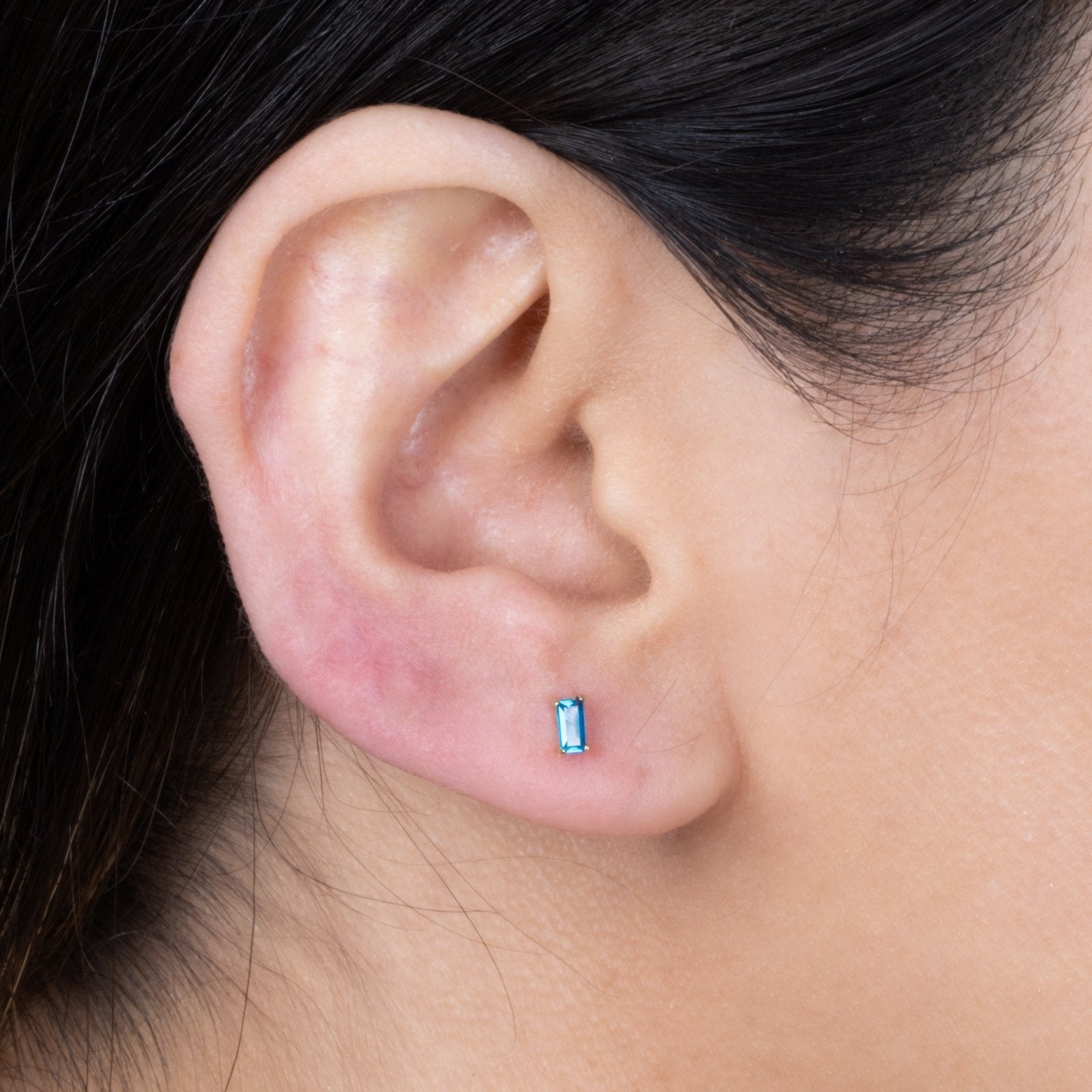 14k Yellow Gold Blue Topaz Baguette Stud Earrings - Flat Back Design for Sensitive Ears | Perfect for Daily Wear, Special Occasions & Gift Giving