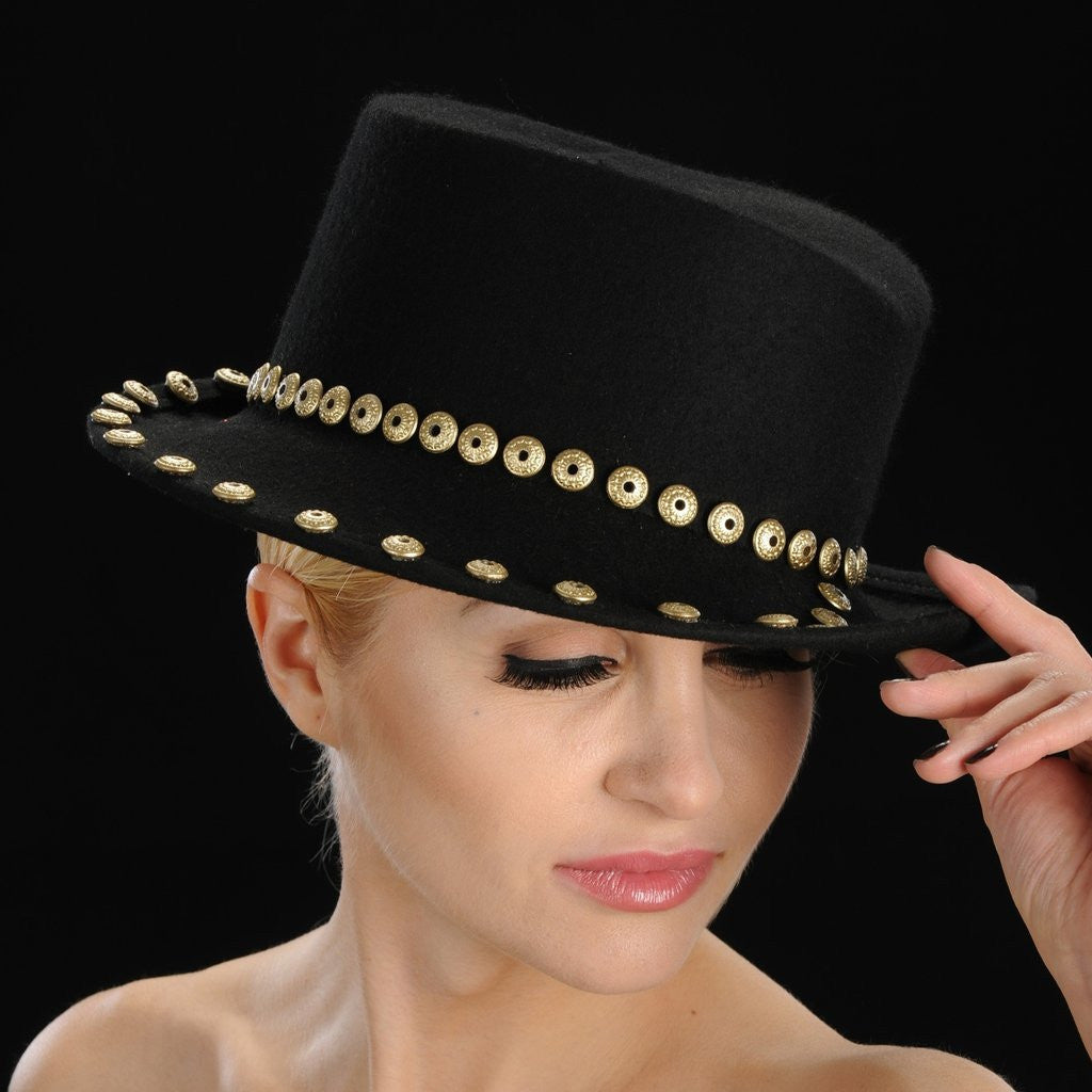 FW1124 Black Felt Winter Hat with Gold Button Trim - Stylish & Warm Winter Accessory for Men & Women - Perfect for Snow, Skiing & Outdoor Activities