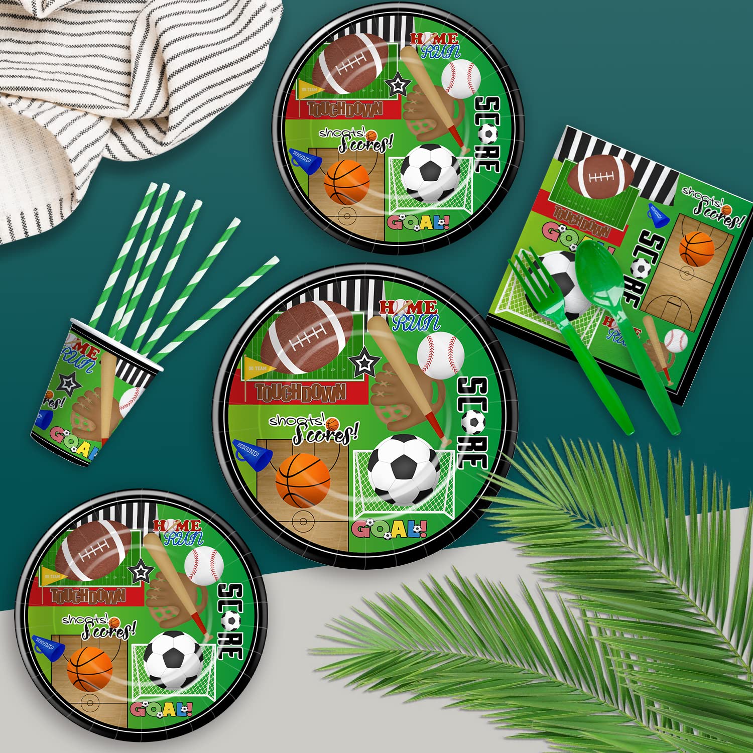 Xigejob Sports Theme Birthday Party Supplies - 24-Pack Plates, Cups, Napkins, Tablecloth & Forks Set | Soccer Basketball Baseball Football Decorations | Perfect for Sports Themed Parties, Game Nights & Team Celebrations