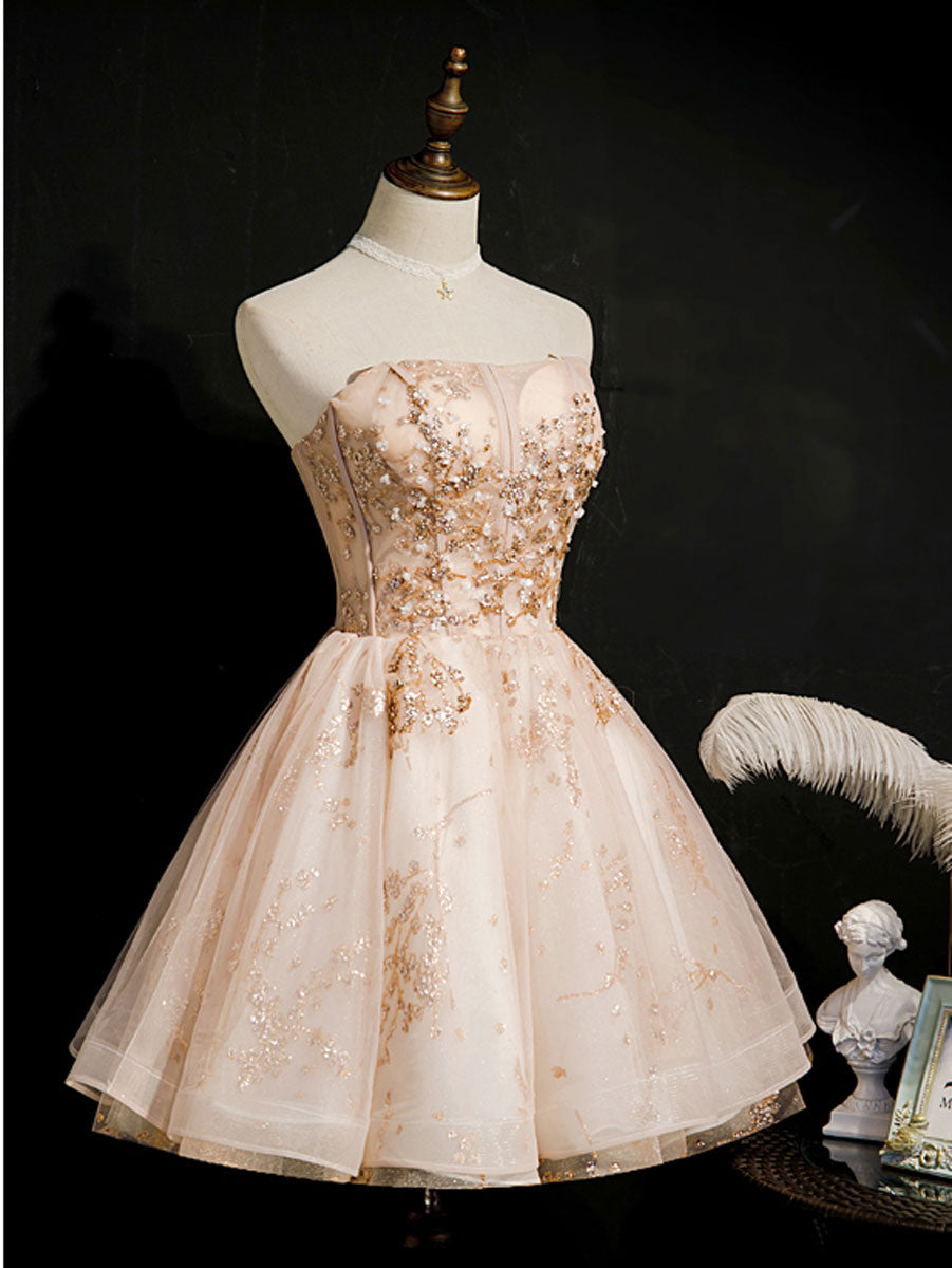 Elegant Champagne Tulle Lace Short Prom Dress | Puffy Ball Gown Homecoming Party Dress for Teens | Perfect for Prom Night, Homecoming Dance & Special Occasions