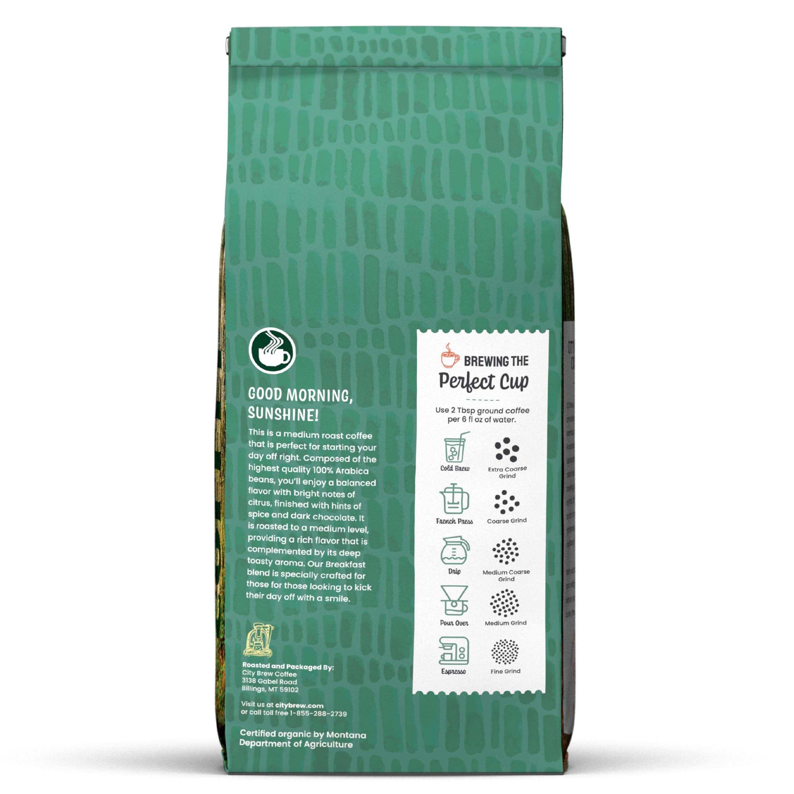 City Brew Coffee - Breakfast Blend Medium Roast Ground Coffee, 12 oz USDA Organic Certified - Perfect for Morning Brew & Office Coffee Break