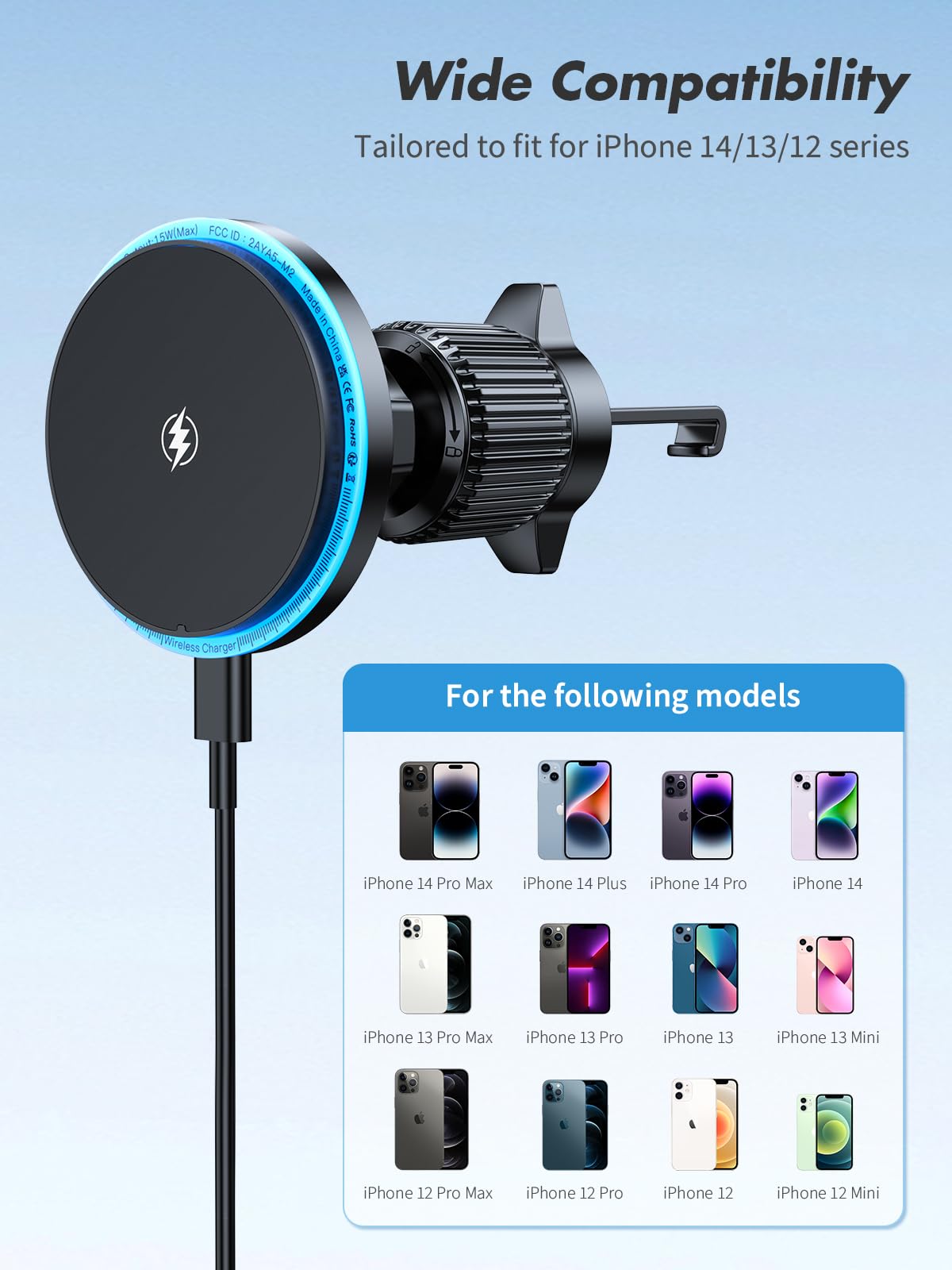 WOCBUY Wireless Car Charger - MagSafe Compatible Fast Charging Phone Mount for iPhone 16/15/14/13/12 Series with Auto-Alignment (Includes QC3.0 Car Charger) | Perfect for Commuting, Road Trips & Hands-Free Driving