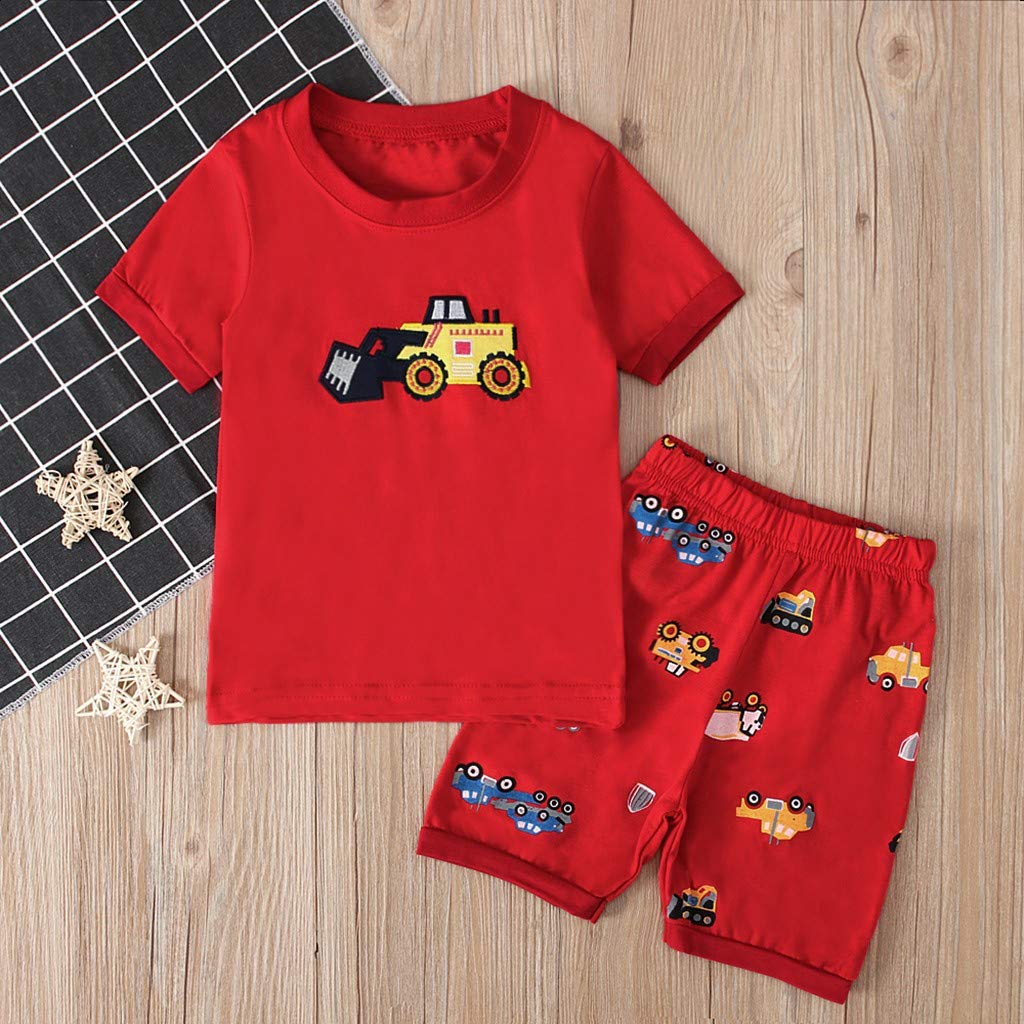 Cartoon Short Sleeve T-Shirt & Shorts Set for Boys 1-2 Years - Cute Printed Kids Winter Clothes (Red) - Perfect for Playtime, School & Family Outings