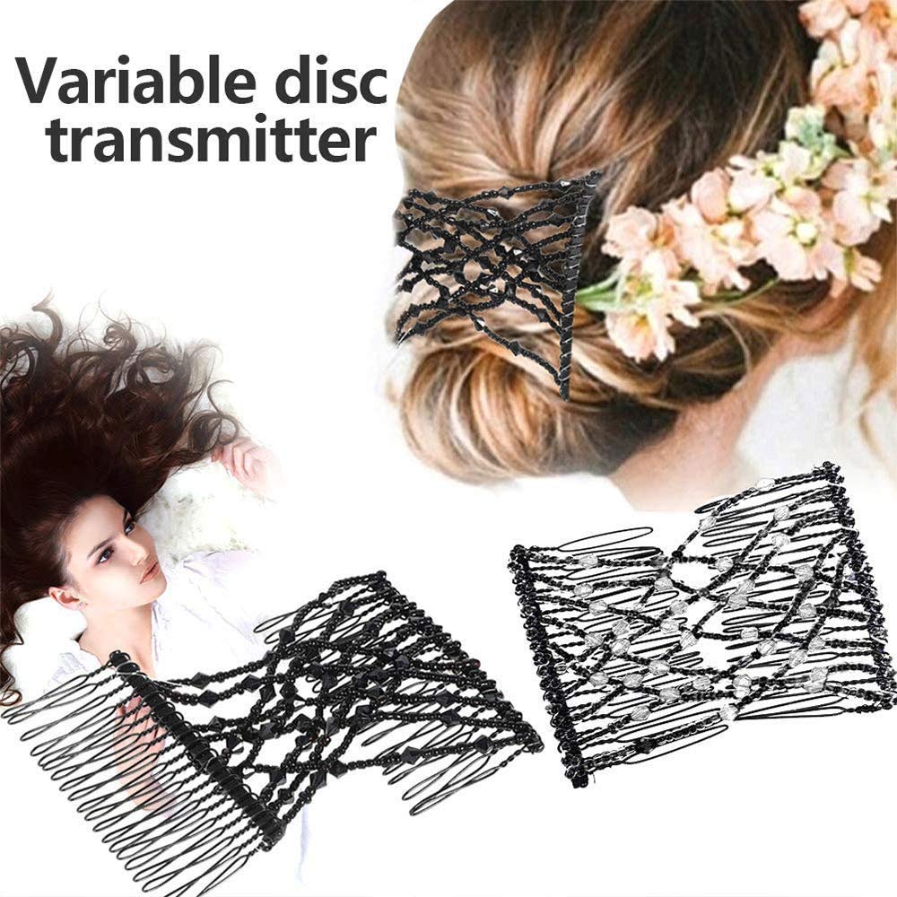 3 Pcs Crystal Bead Hair Combs - Magic Elastic Hair Clips & Stretchy Hair Barrettes for Women - Double Hair Claw Clips Set - Perfect for Updos, Ponytails & Everyday Styling