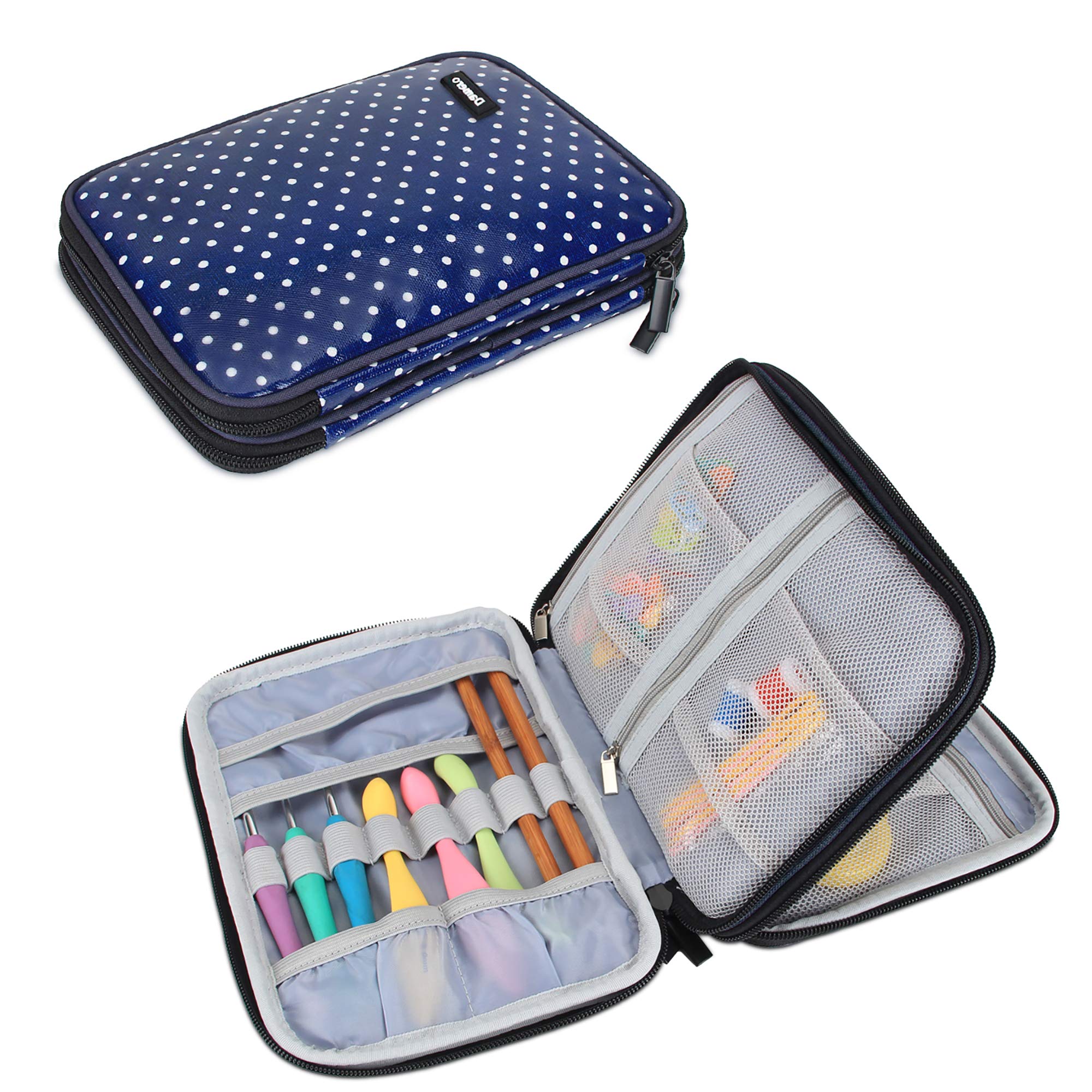 **Damero Crochet Hook Case – Large Travel Storage Bag for Swing & Lighted Crochet Hooks, Needles (Up to 8'') & Accessories – Blue Dots Design | Perfect for Crafters, Travel & Organizing Crochet Supplies**