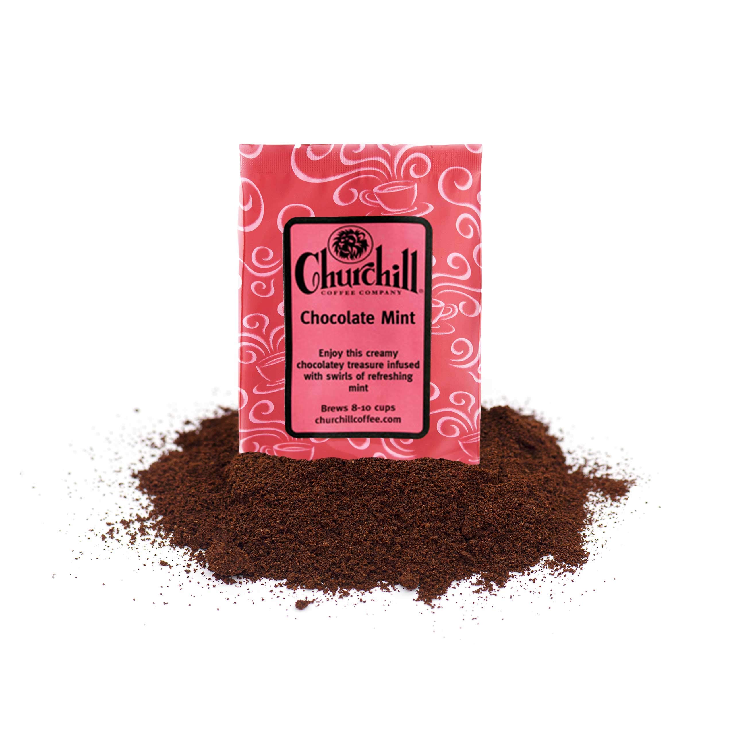 Churchill Coffee Chocolate Mint Flavored Ground Coffee - 10 Portioned Packs (1.5 oz Each) - Perfect for Office, Home Brewing & Gift Giving