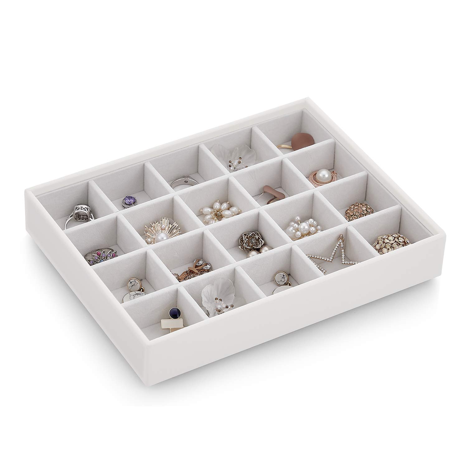 Vlando Jewelry Tray - 20 Grid White Faux Leather Jewelry Organizer for Earrings, Necklaces, Bracelets & Rings | Multi-Purpose Desktop Storage & Display | Perfect for Bedroom Vanity, Dresser Top & Travel Jewelry Case