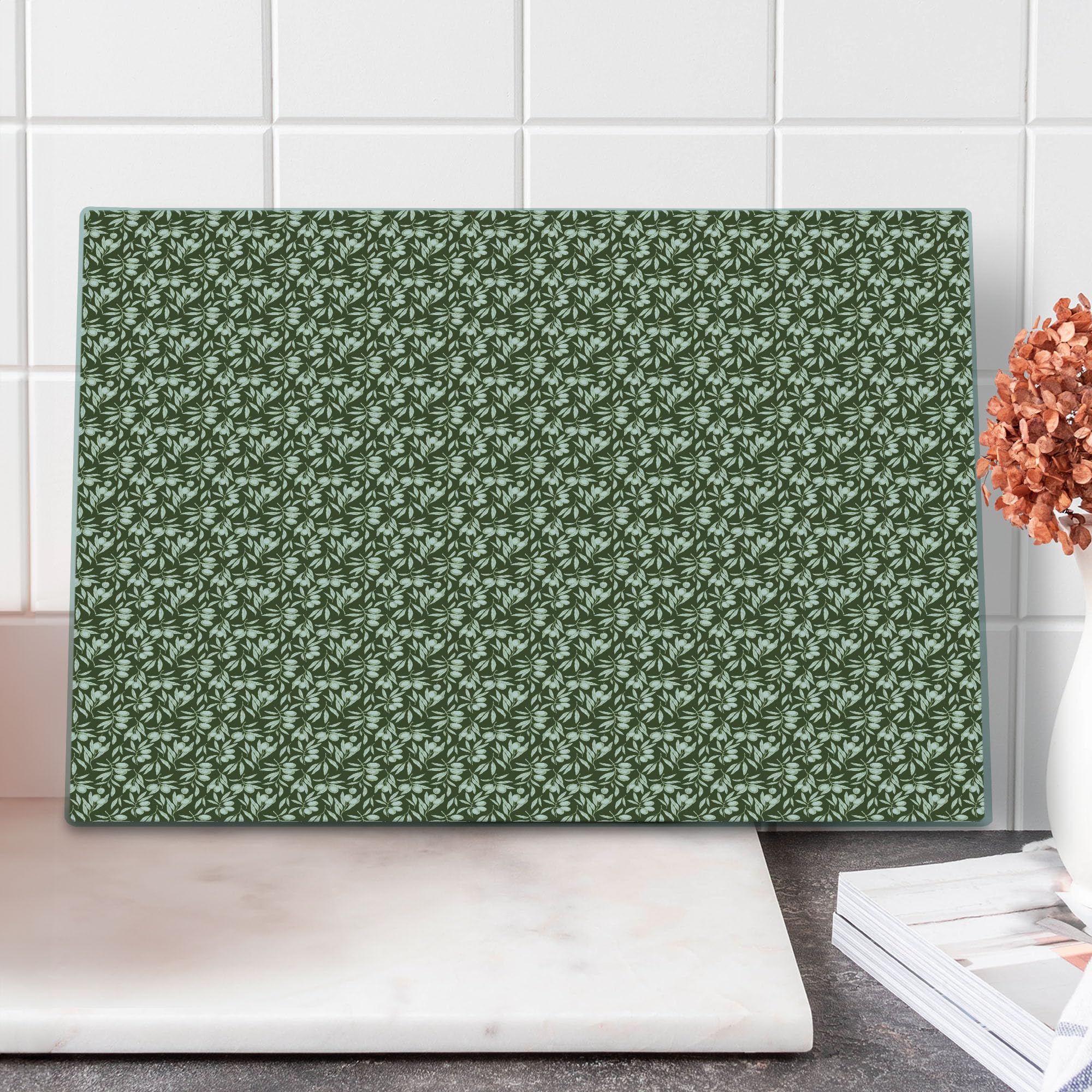 Ambesonne Olive Cutting Board - Hand Drawn Olive Tree Branches Design, Vintage Style Tempered Glass Serving Board for Kitchen, Large Size (Army Green/Grey/Yellow/White) - Perfect for Cheese Platters, Charcuterie Boards & Home Decor