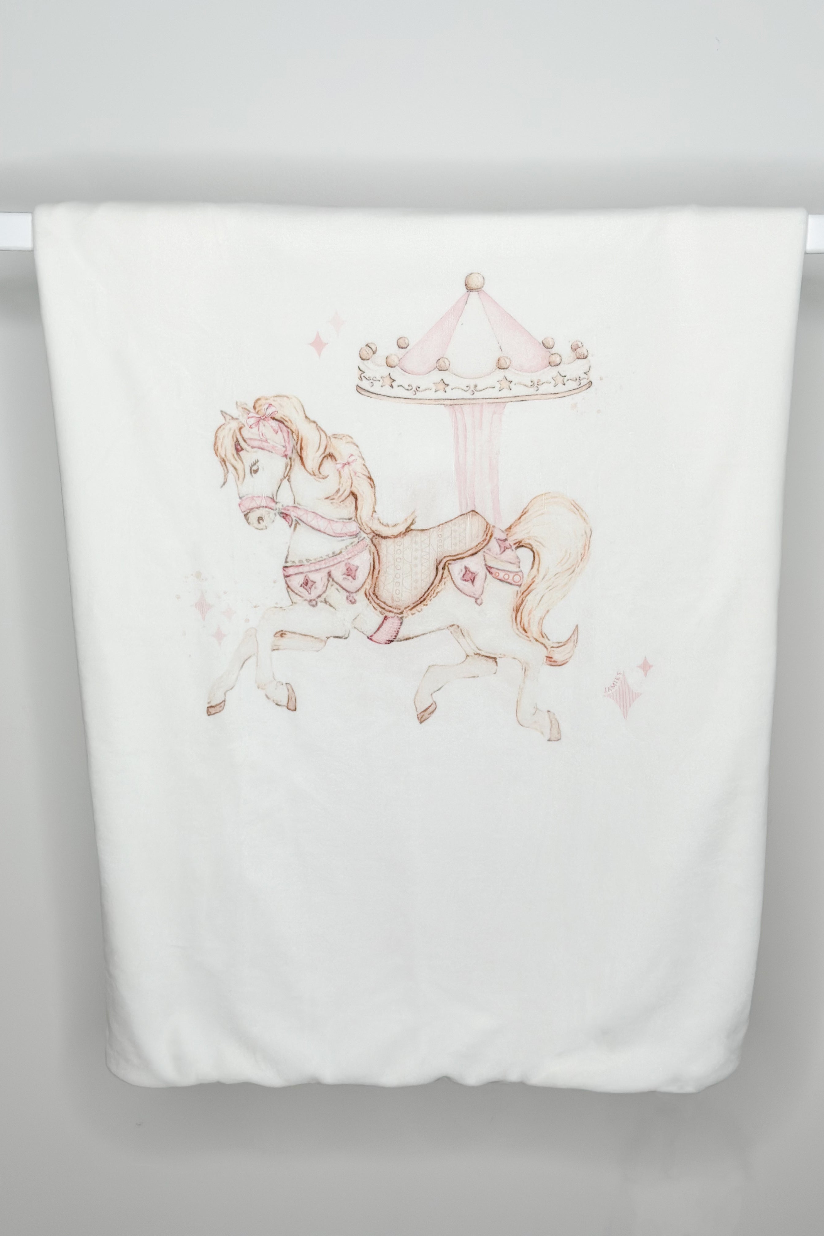 Ivory & Pink Velour Carousel Pony Blanket for Kids - Soft & Cozy Nursery Throw - Perfect for Baby Showers, Bedtime, and Playtime