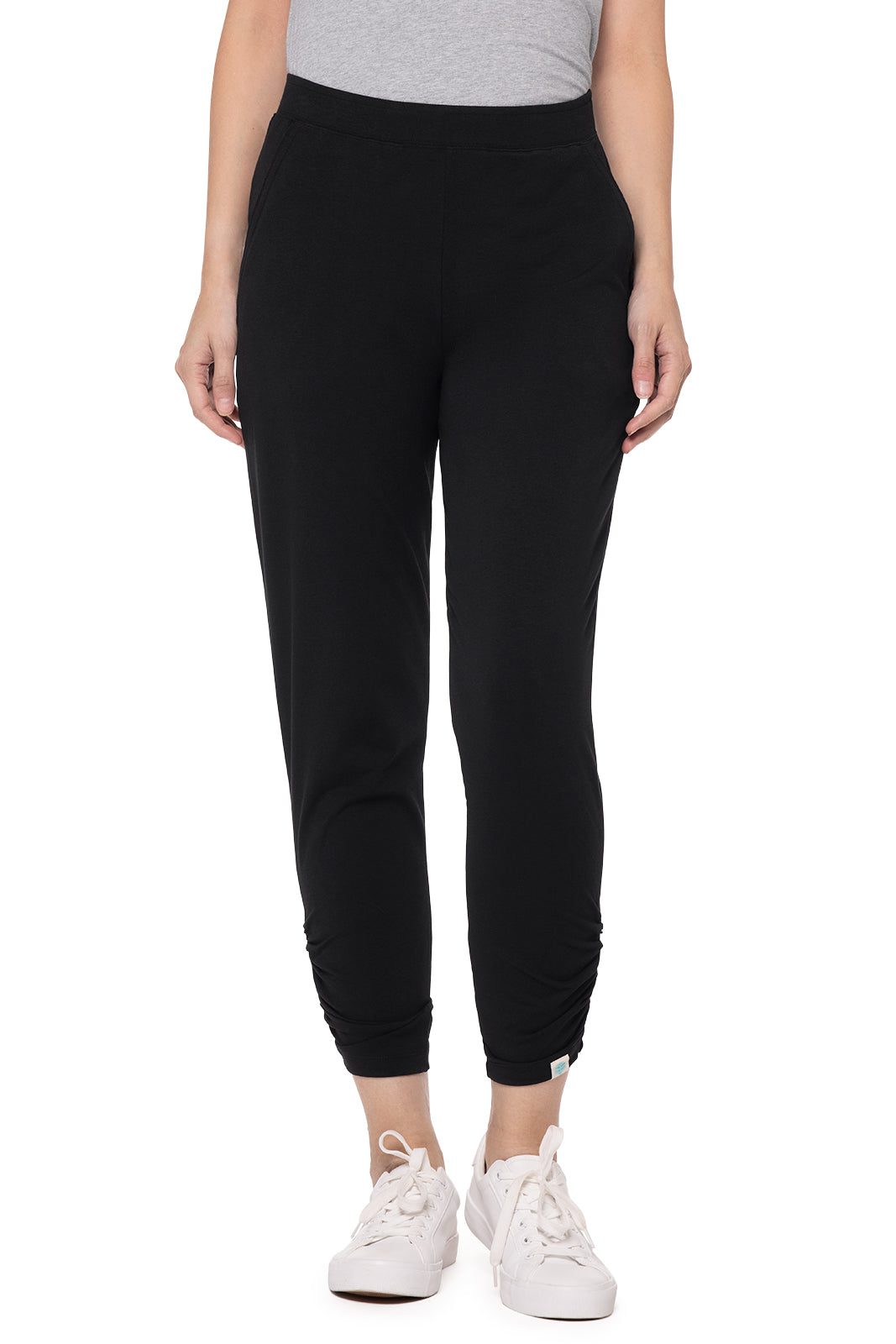 Women's High Waisted Cafe Ruche Pants - Soft Stretchy Trousers for Work & Casual Wear | Black | Perfect for Office, Brunch & Everyday Comfort