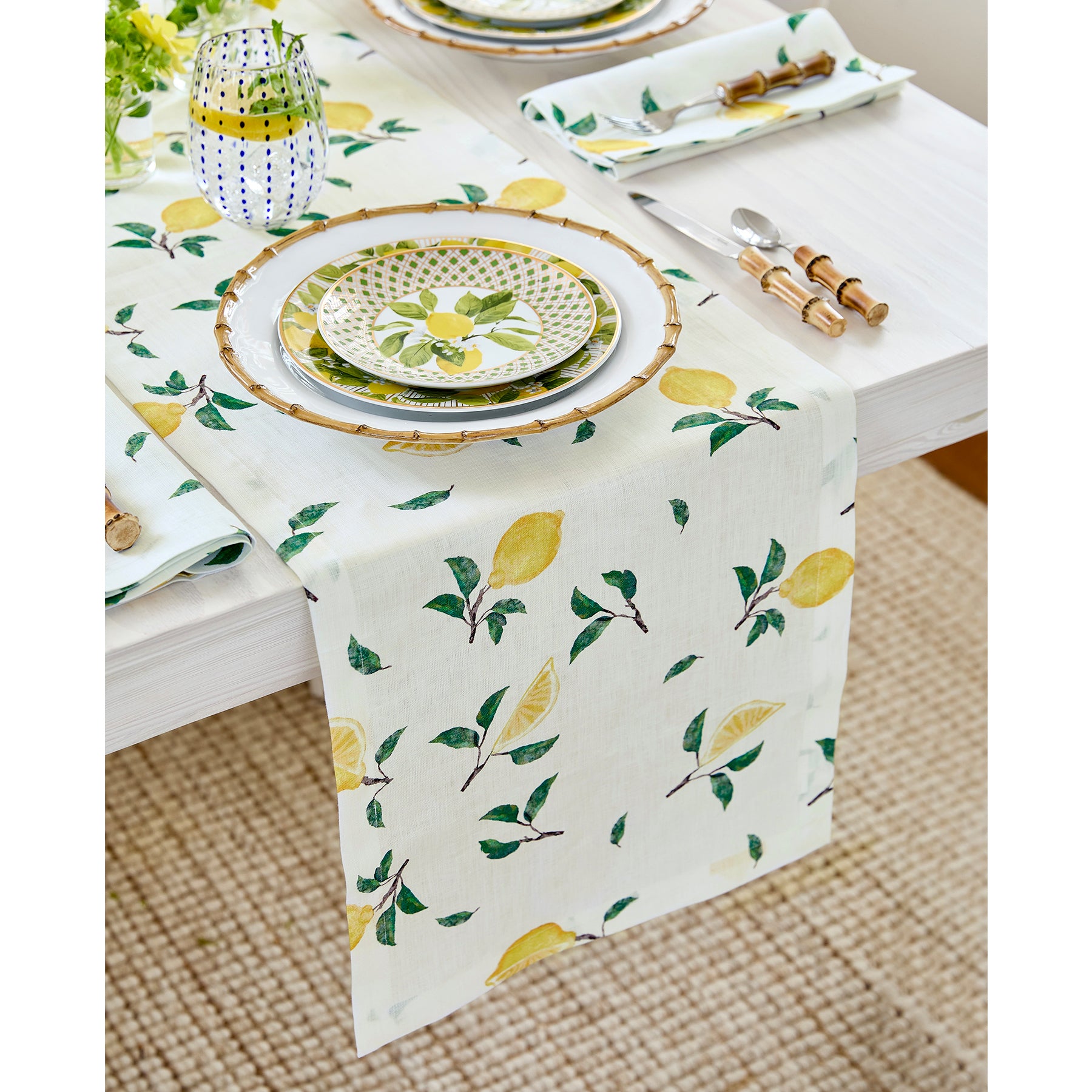 Elegant Botanical Lemon Table Runner - Natural Cotton Dining Table Decor for Spring & Summer Parties, Weddings, and Farmhouse Style Homes
