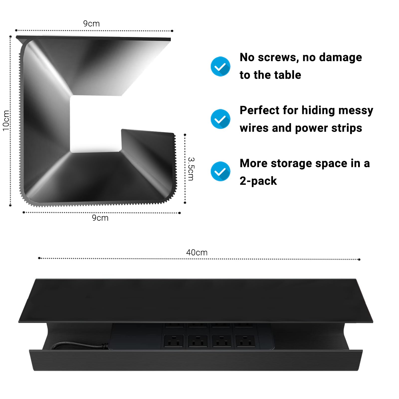 iXTRA Under Desk Cable Management Tray 2 Pack - 15.7 Inch No Drill Wire Organizer, Self-Adhesive PVC Cord Hider for Computer & Office Desks - Perfect for Home & Workspace Organization (Black)