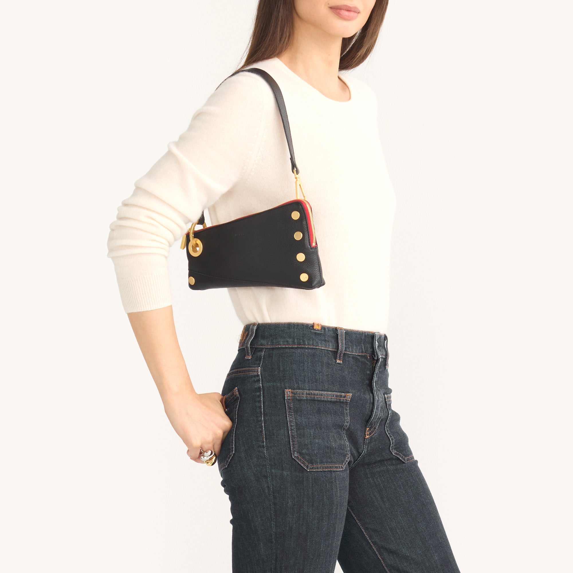 Nash Pochette Handbag - Black with Brushed Gold Red Zip Closure | Stylish Crossbody Bag for Women, Perfect for Parties, Dates & Everyday Use