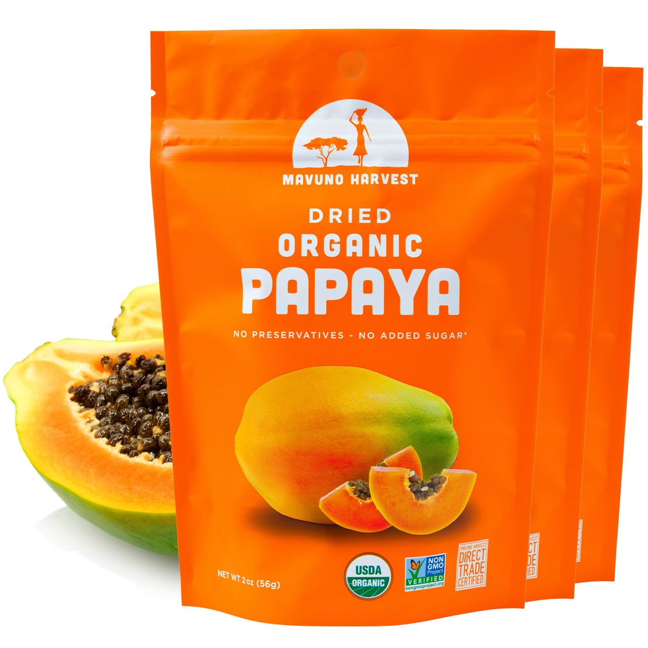 Organic Dried Papaya Slices by Mavuno Harvest | Gluten-Free, Vegan, Non-GMO Healthy Snacks | No Sugar Added Dried Fruit for Kids & Adults | 2oz Pack of 3 | Perfect for Lunchboxes, Hiking & On-the-Go Snacking