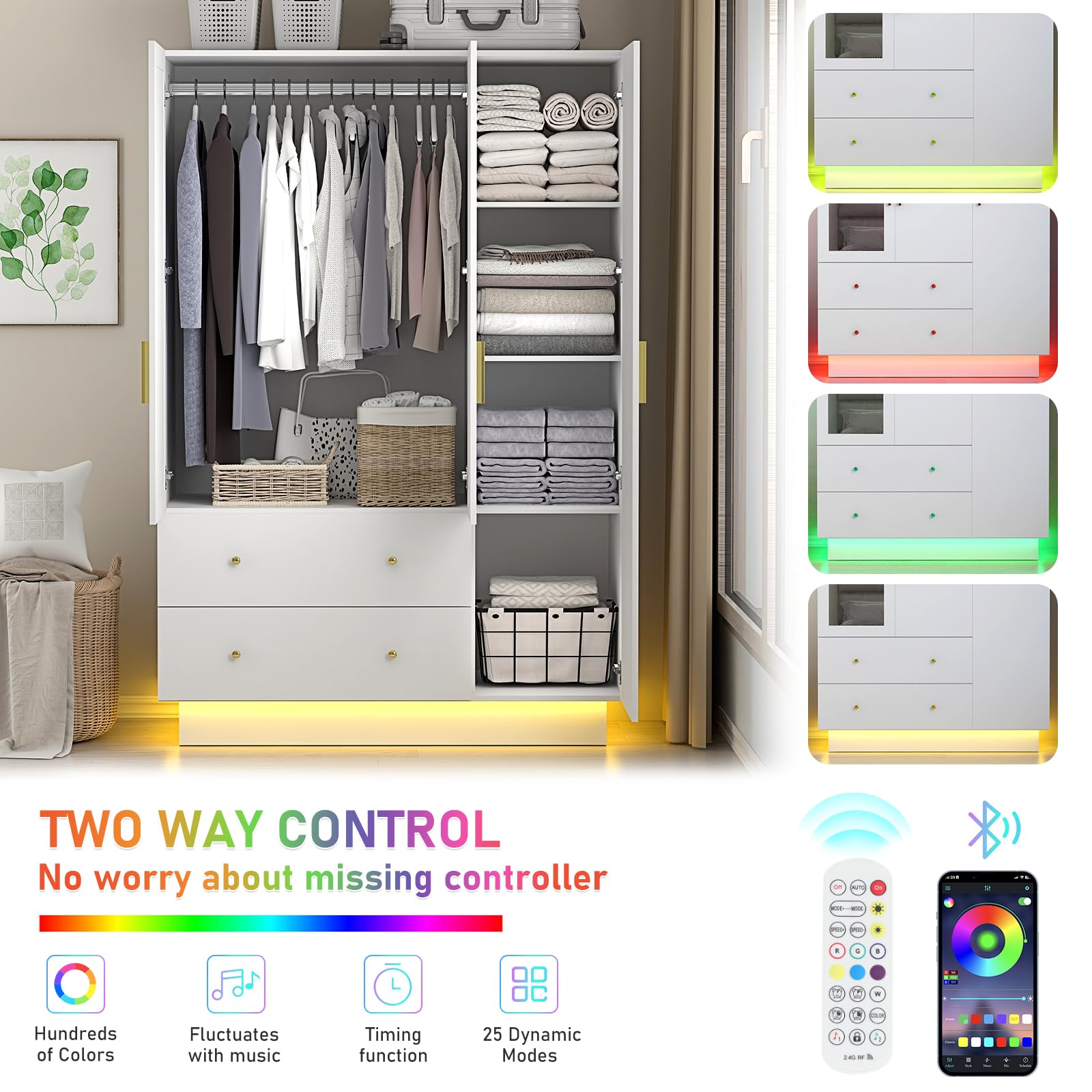 3 Door Wardrobe Closet with Mirror & LED Lights - Modern Wooden Armoire with Drawers, Shelves & Hanging Rod - White Bedroom Storage Solution for Clothes, Shoes & Accessories | Perfect for Master Bedroom, Guest Room & Dorm Organization