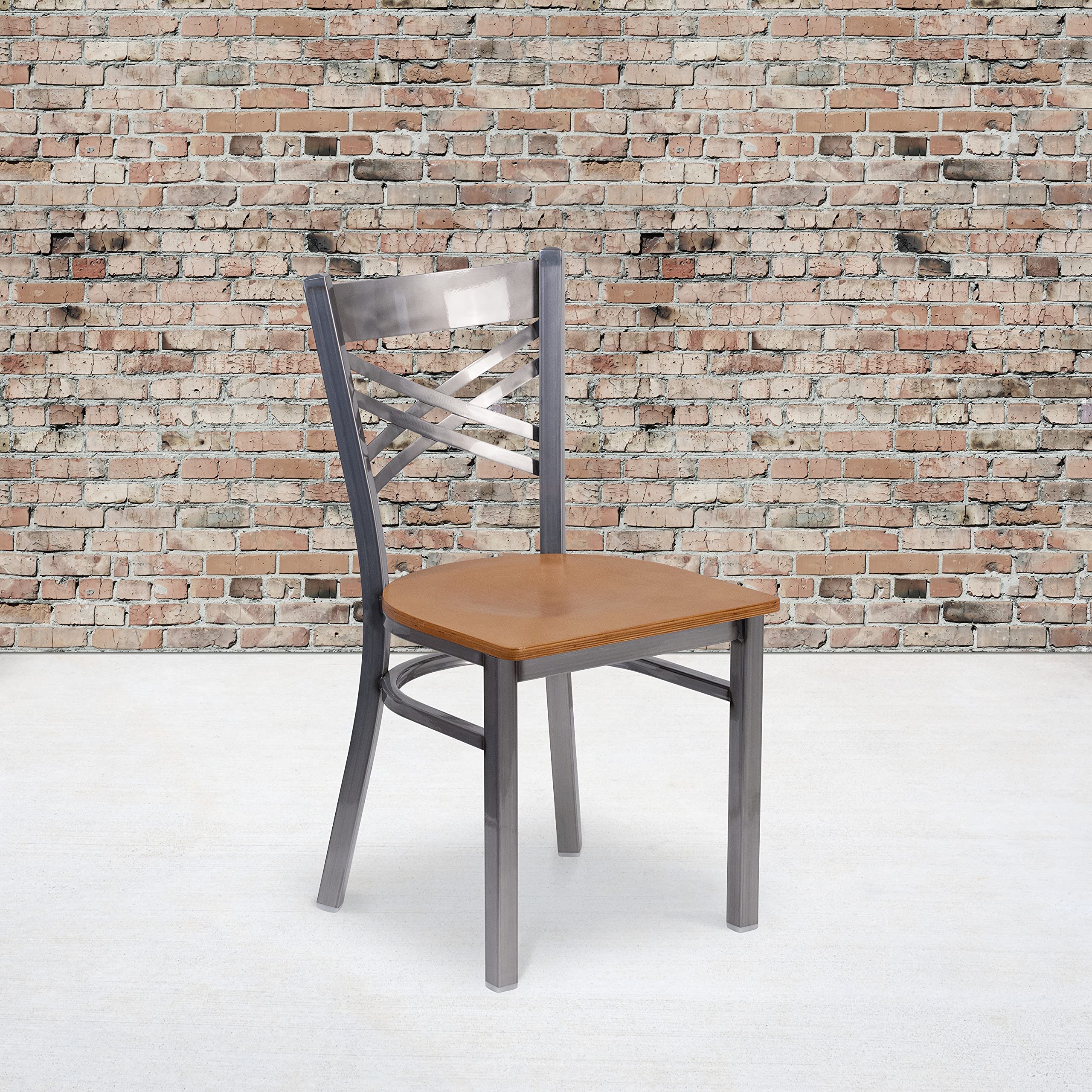 EMMA + OLIVER Clear Coated X Back Metal Restaurant Chair with Natural Wood Seat - Durable Commercial Dining Furniture for Cafes, Bistros & Home Kitchens
