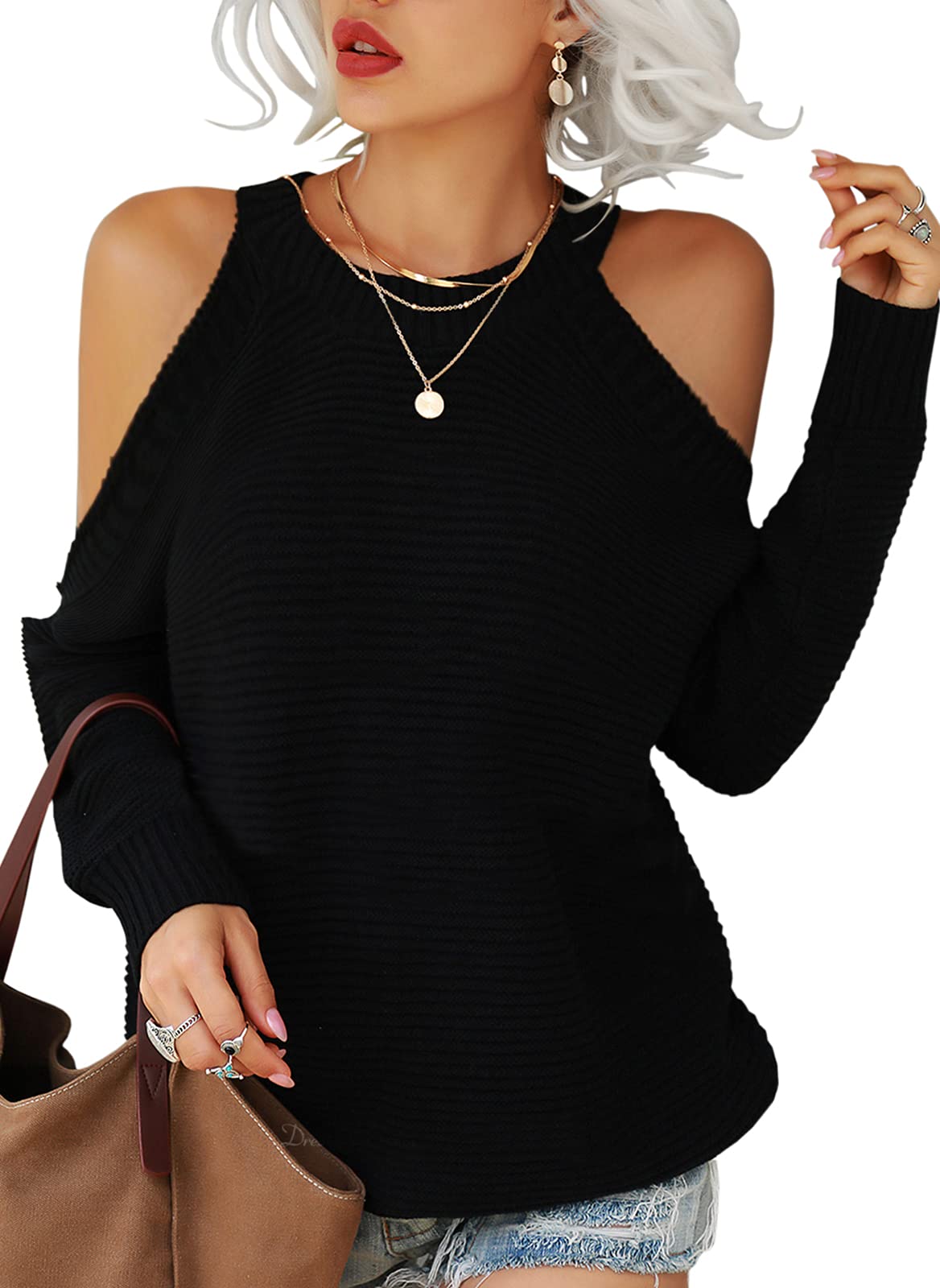Women's Cold Shoulder Long Sleeve Knit Sweater - Solid Color Casual Pullover Jumper Top for Fall Fashion & Date Night Outfits