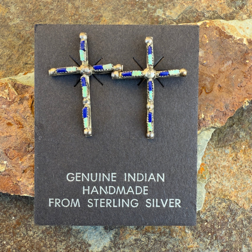 Sterling Silver Zuni Lapis & Opal Needlepoint Turquoise Cross Pierced Post Earrings - Handmade Native American Jewelry for Women - Perfect for Church, Weddings & Special Occasions