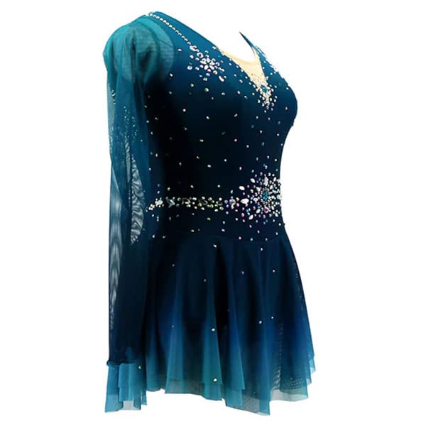 JRUIA Girls Ice Skating Dress Competition Outfit - Blue Green Gradient Figure Skating Costume for Women & Teens - Crystal Embellished Gymnastics Dancewear for Performances, Shows & Ice Rink Practice