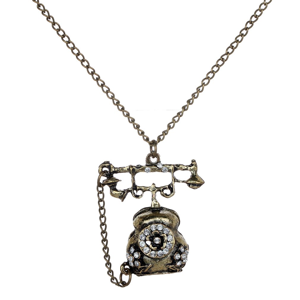 Vintage Rotary Telephone Pendant Necklace for Women - Bronze Chain Long Statement Jewelry - Perfect for Retro Fashion, Costume Parties & Unique Gifts