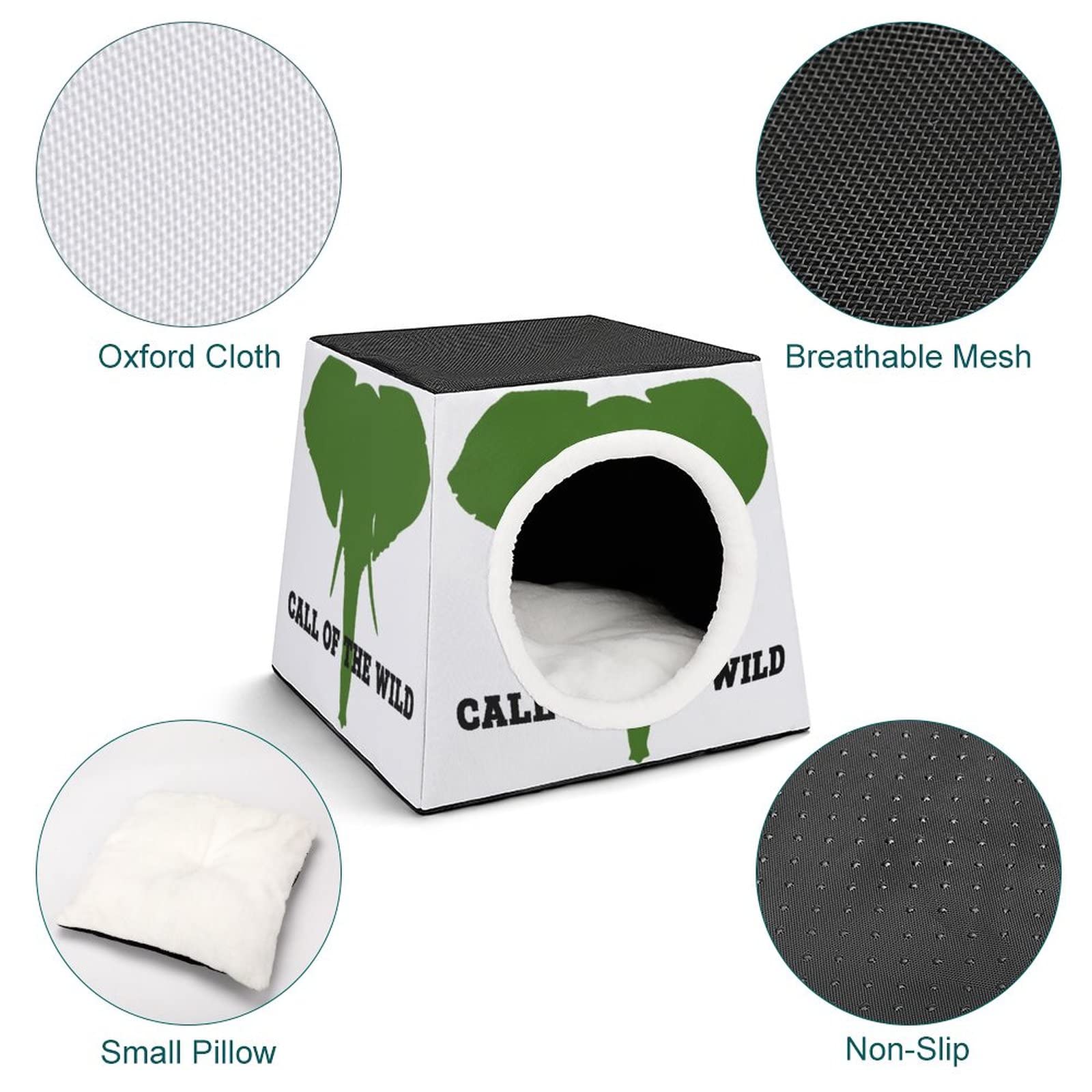 3-in-1 Cat House Bed & Sofa - Printed Cat Cube for Indoor/Outdoor Use - Green Elephant Design Kitty Shelter - Perfect for Living Room, Patio or Garden