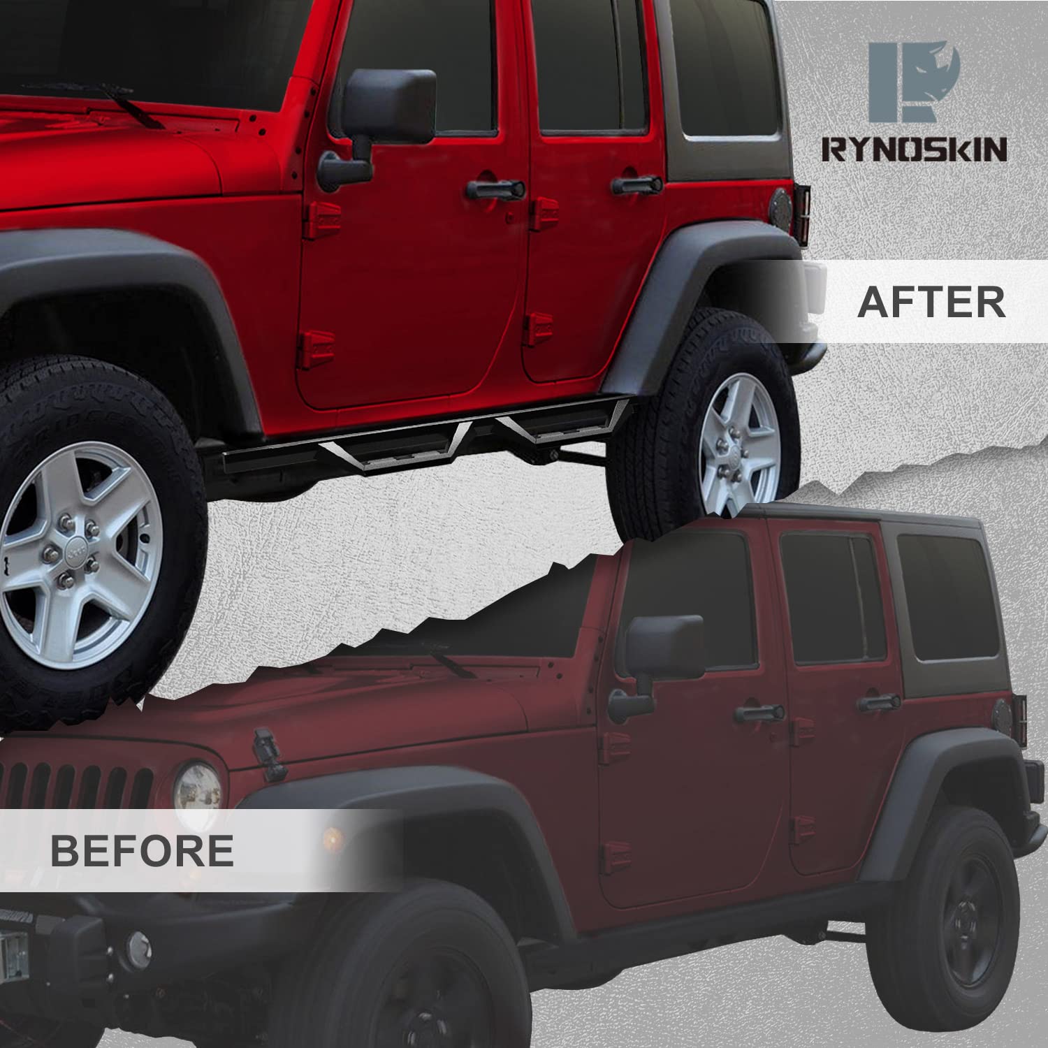 RYNOSKIN Heavy Duty Textured Black Running Boards & Nerf Bars - Compatible with 2007-2018 Jeep Wrangler JK 4 Door | Off-Road Side Steps | Durable Steel Construction | Perfect for Adventure & Daily Driving (2-Piece Set)