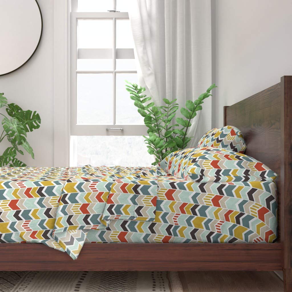 100% Cotton Twin Sheet Set 3pc - Blue Chevron Arrows Geometric Modern Mint Print | Spoonflower Custom Bedding | Perfect for Kids' Rooms, Guest Bedrooms & Dorm Decor
