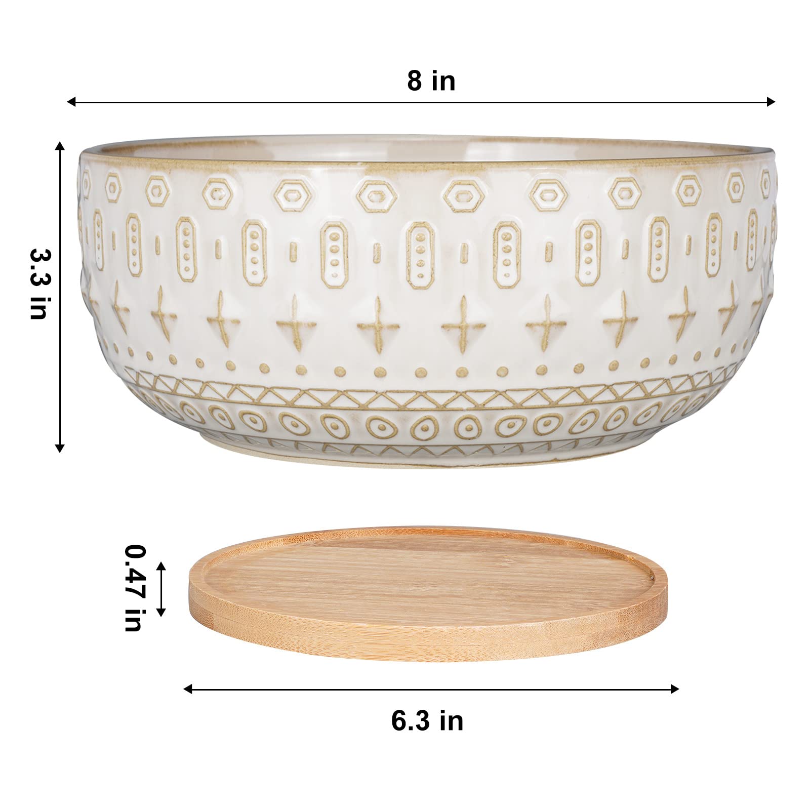 8 Inch White Ceramic Succulent Planter Pots with Drainage Hole - Round Shallow Bonsai Flower Pot with Bamboo Tray for Indoor Plants - Perfect for Home Decor, Office Desk, and Gift Ideas