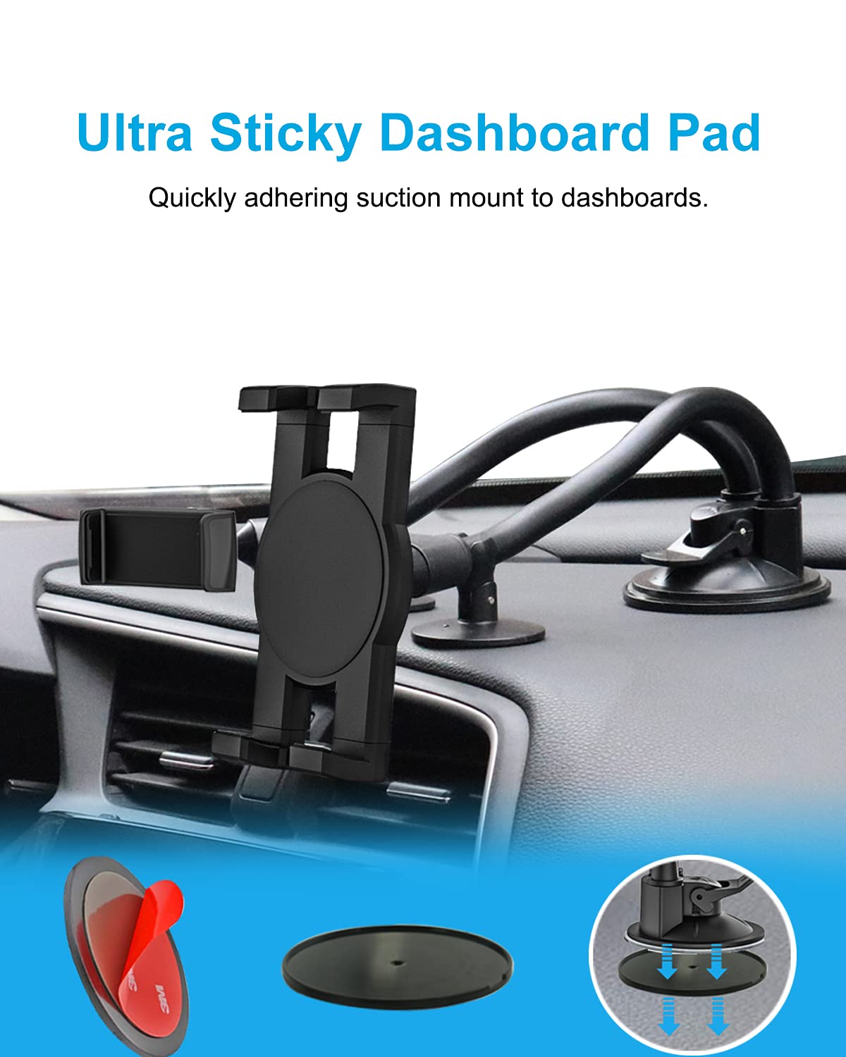 Universal Car Windshield & Dashboard Phone Tablet Mount - Adjustable Long Gooseneck Suction Cup Holder for iPad Pro/Air/Mini, Galaxy Tabs, 4.7-13