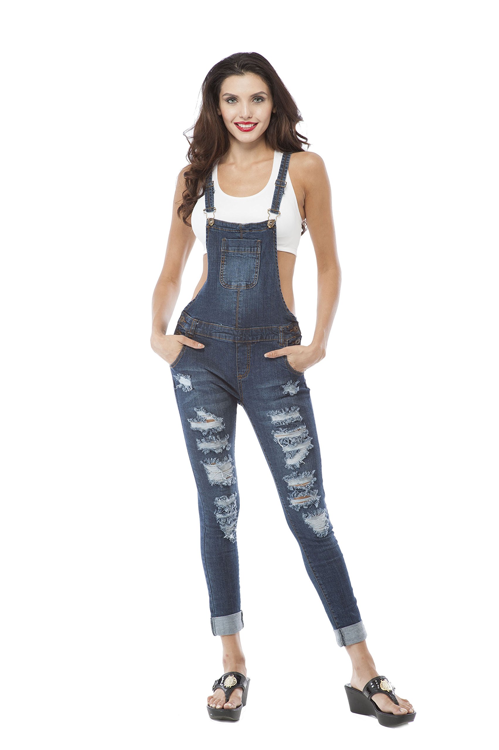 Hollywood Star Fashion Dark Blue Distressed Denim Overalls for Women - Trendy Vintage Style Jumpsuit for Casual Outings, Concerts, and Streetwear Looks
