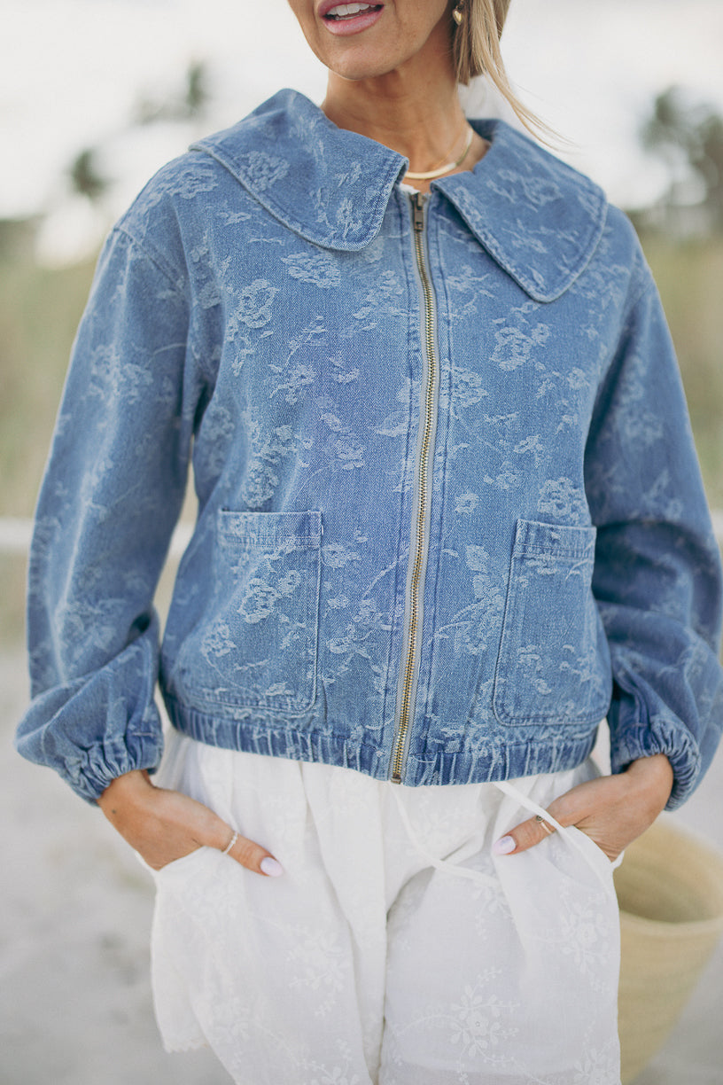 Floral Denim Josie Bomber Jacket for Women - Stylish Lightweight Outerwear for Spring & Fall - Perfect for Casual Outings, Travel & Layering